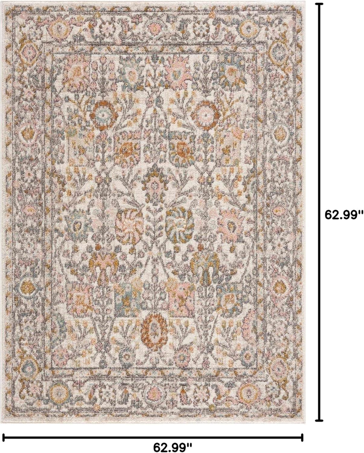 Round Off-White and Pink Synthetic Floral Area Rug