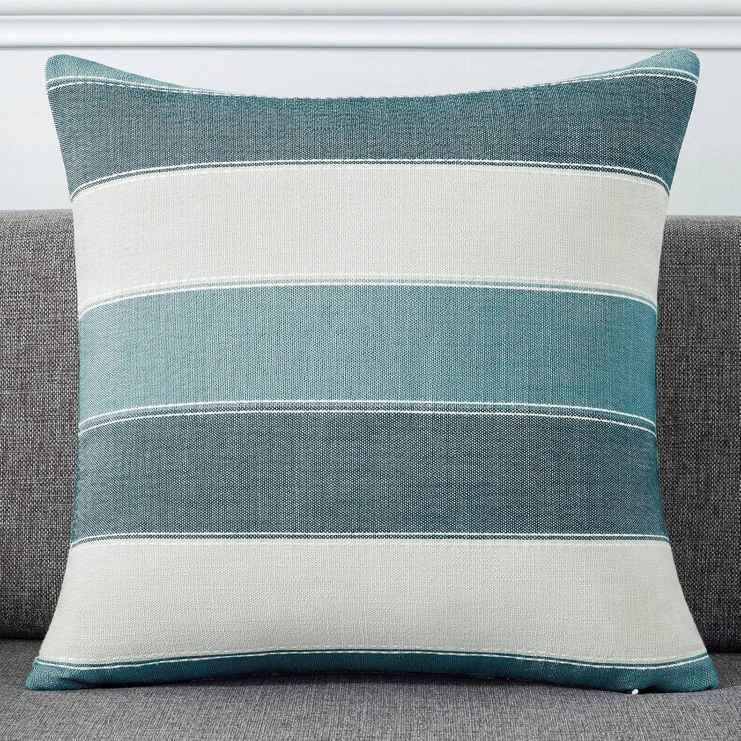 Pack of 2 Farmhouse Stripe Check Throw Pillow Covers Set Case Cotton Linen Decorative Pillowcases Cushion Cover for Couch Bench Sofa 18x18Inch Teal Blue