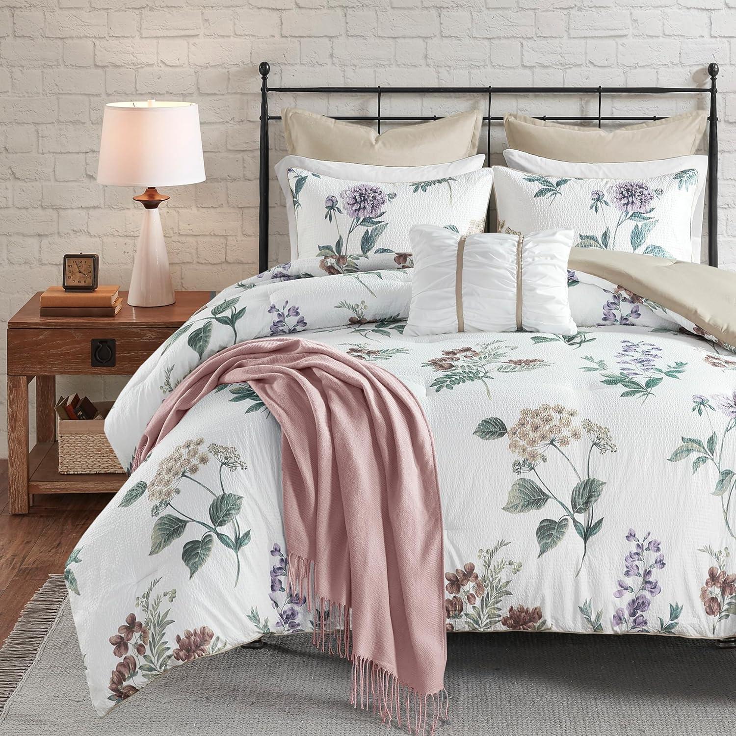 Zennia 7 Piece Seersucker Floral Comforter Set with Throw Blanket