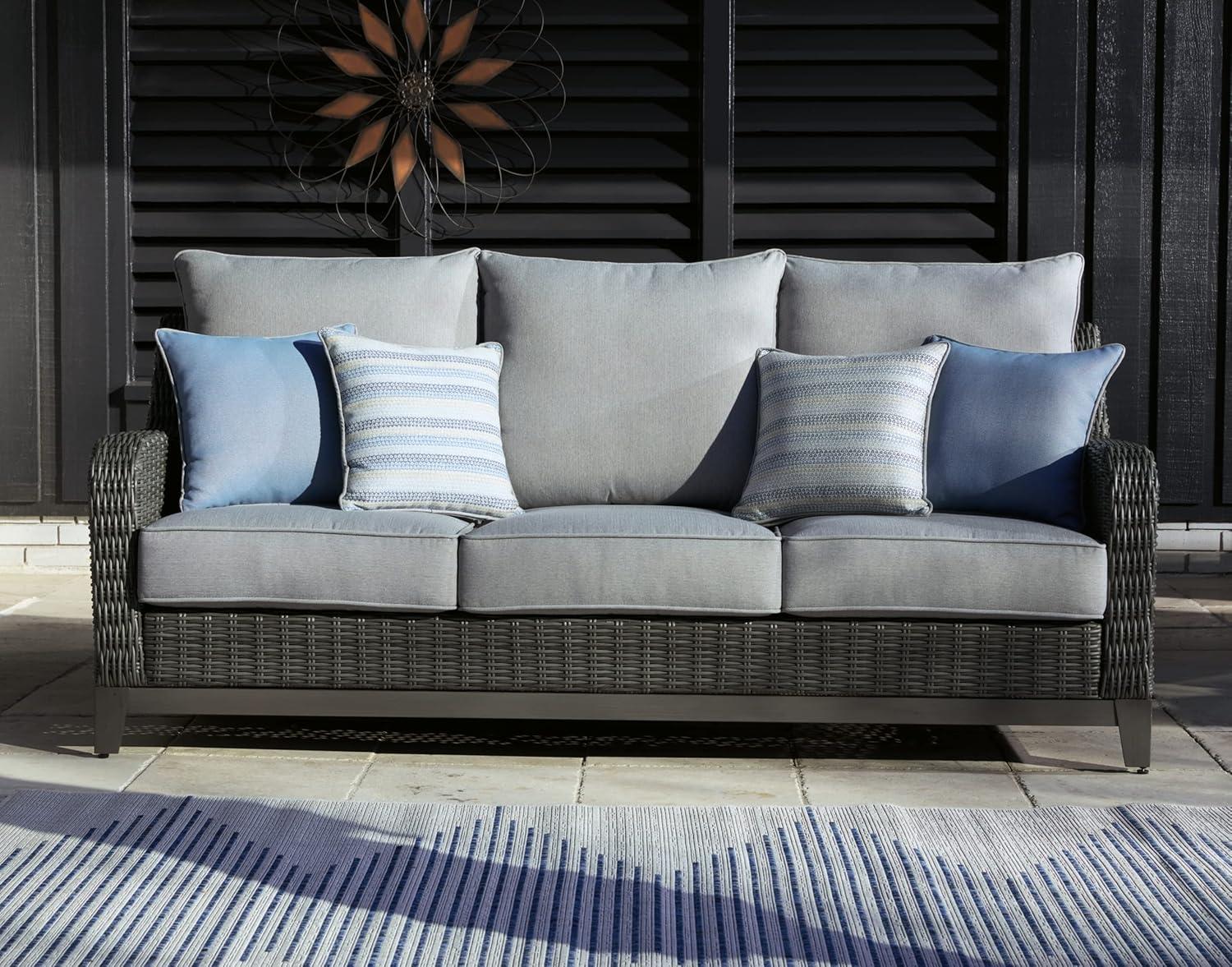 Gray Wicker and Aluminum Outdoor Sofa with Cushions