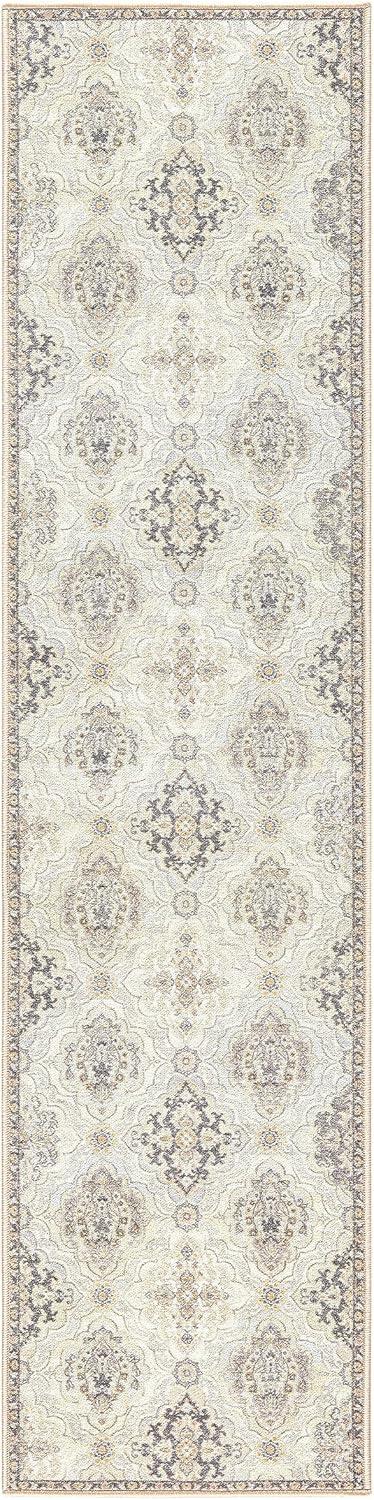 Beige Tufted Medallion Washable Runner Rug with Non-Slip Backing