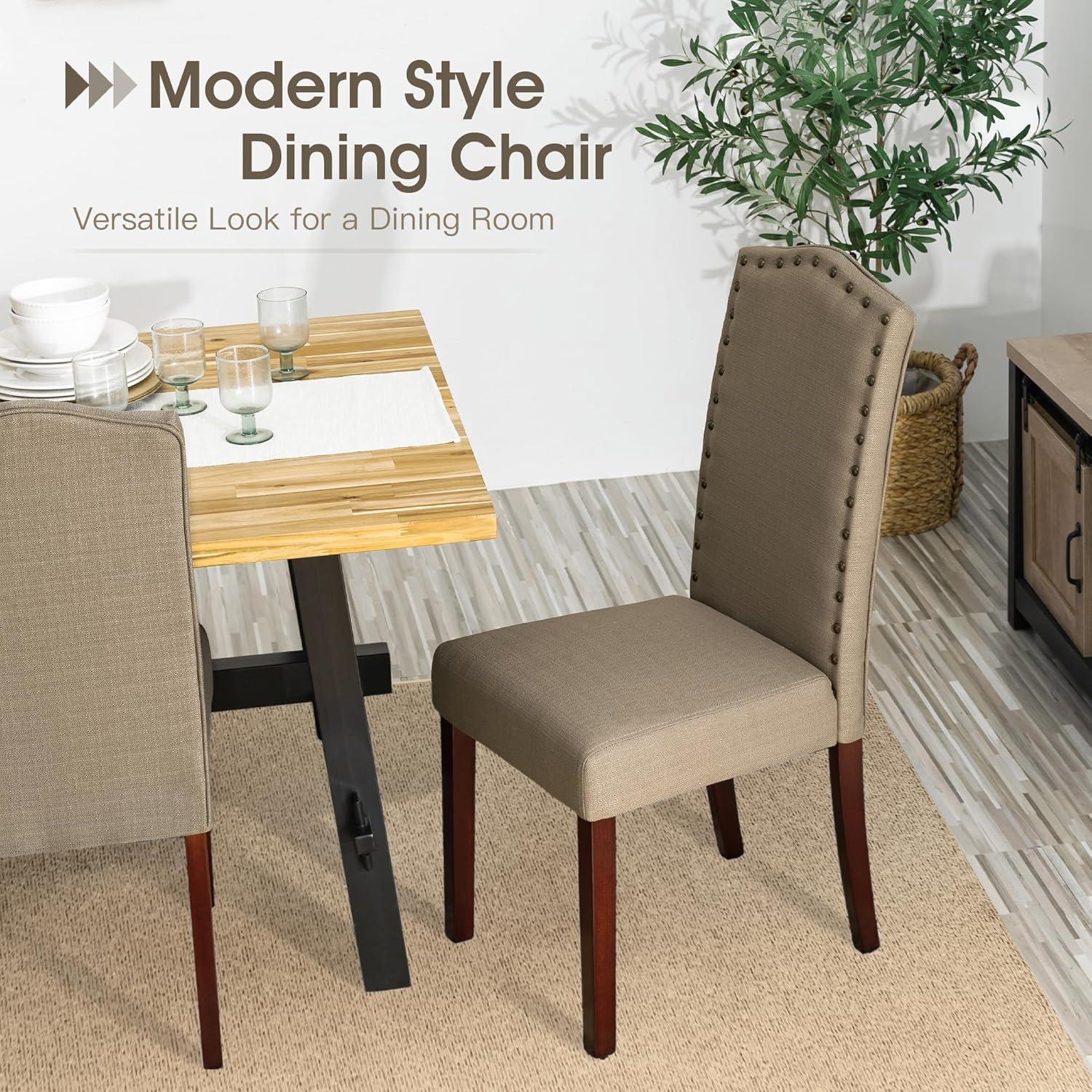 Tan Linen Upholstered Parsons Dining Chairs with Wood Legs, Set of 2