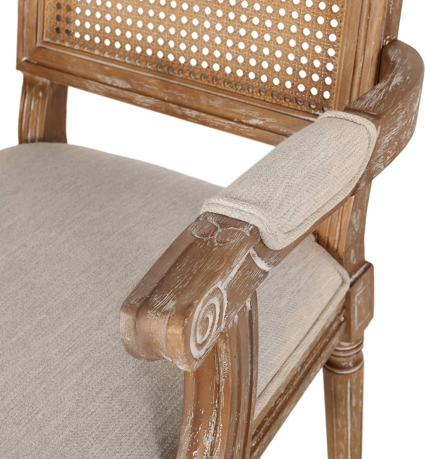 French Country Elegance Beige & Natural Wood Cane Upholstered Arm Chair