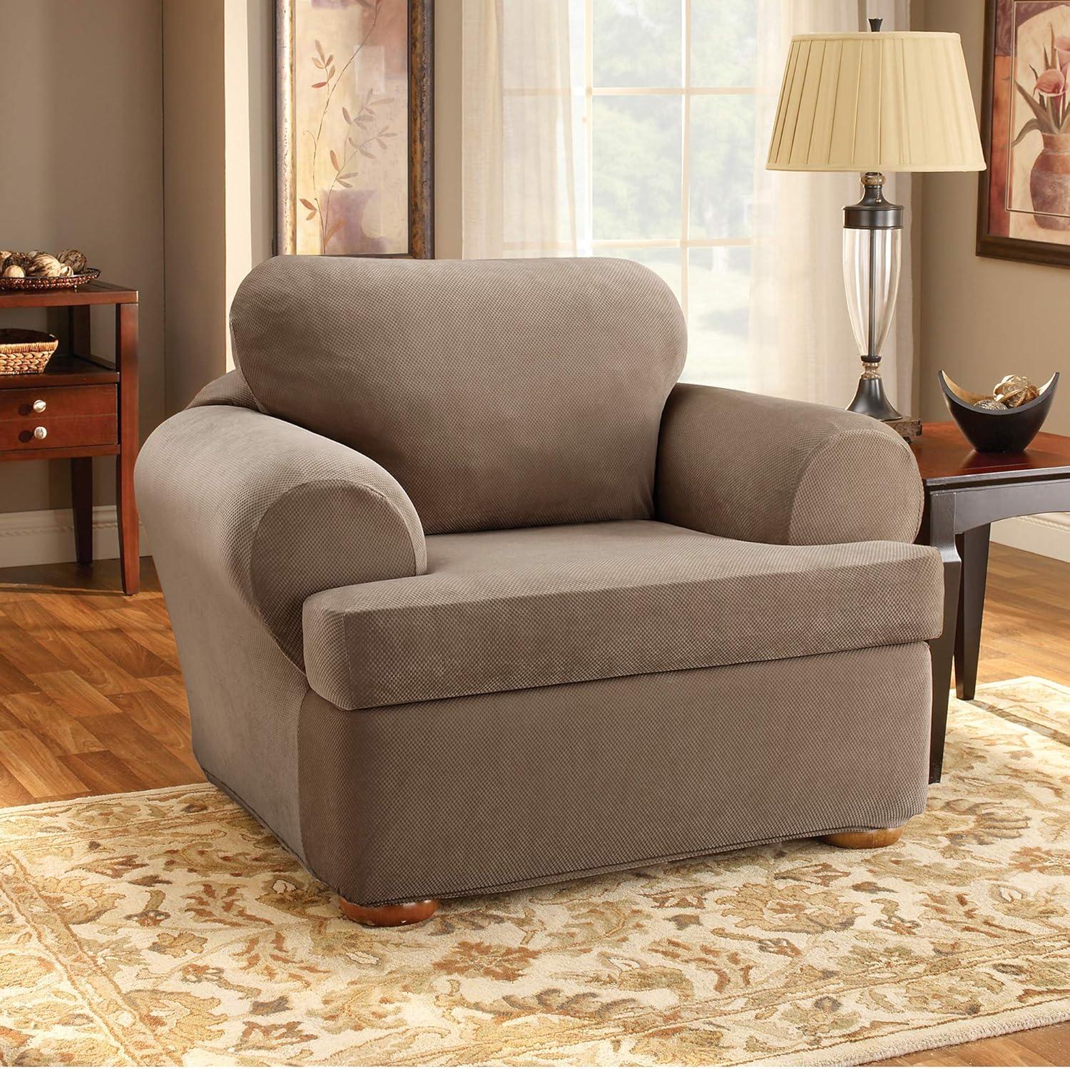 Taupe Stretch Pique T-Cushion Chair Slipcover Set