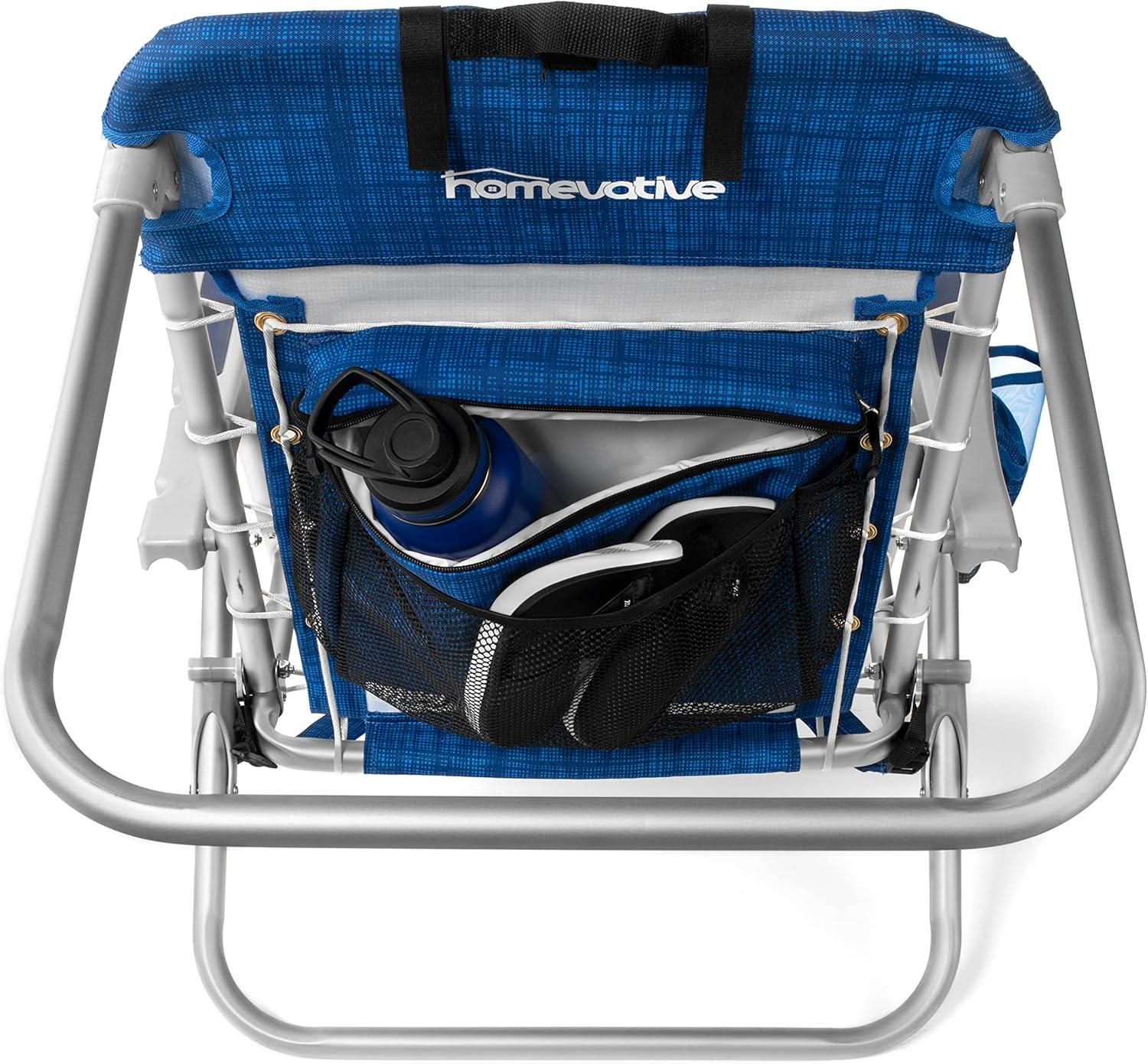 Homevative Cooler+ Folding Backpack Beach Chair with 5 Positions, Towel bar, XL Cooler Pouch, Storage Net, Cup and Phone
