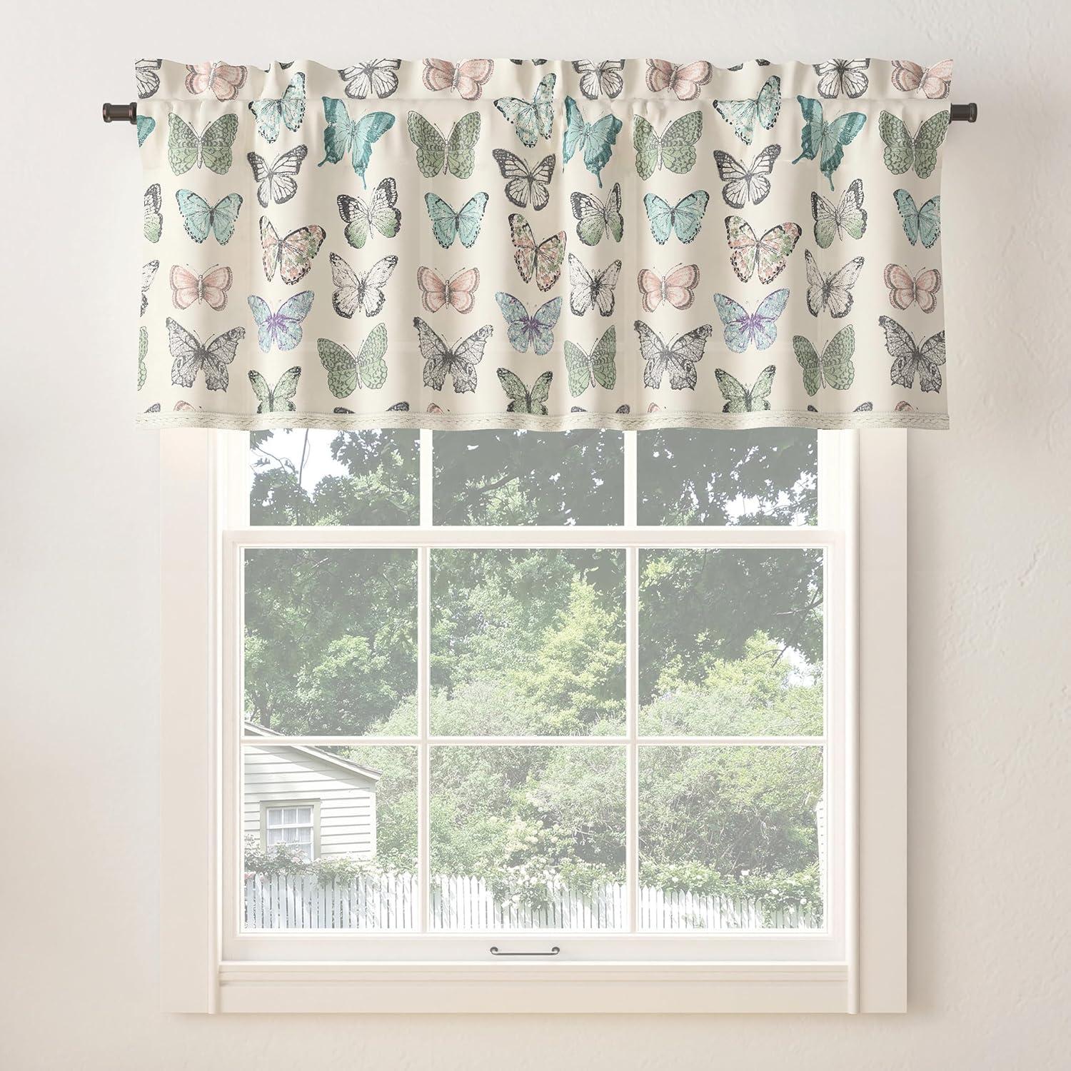 No. 918 Magdalena Butterfly Print Embroidered Trim Semi-Sheer Rod Pocket Curtain Valance, 54"x18", Blue