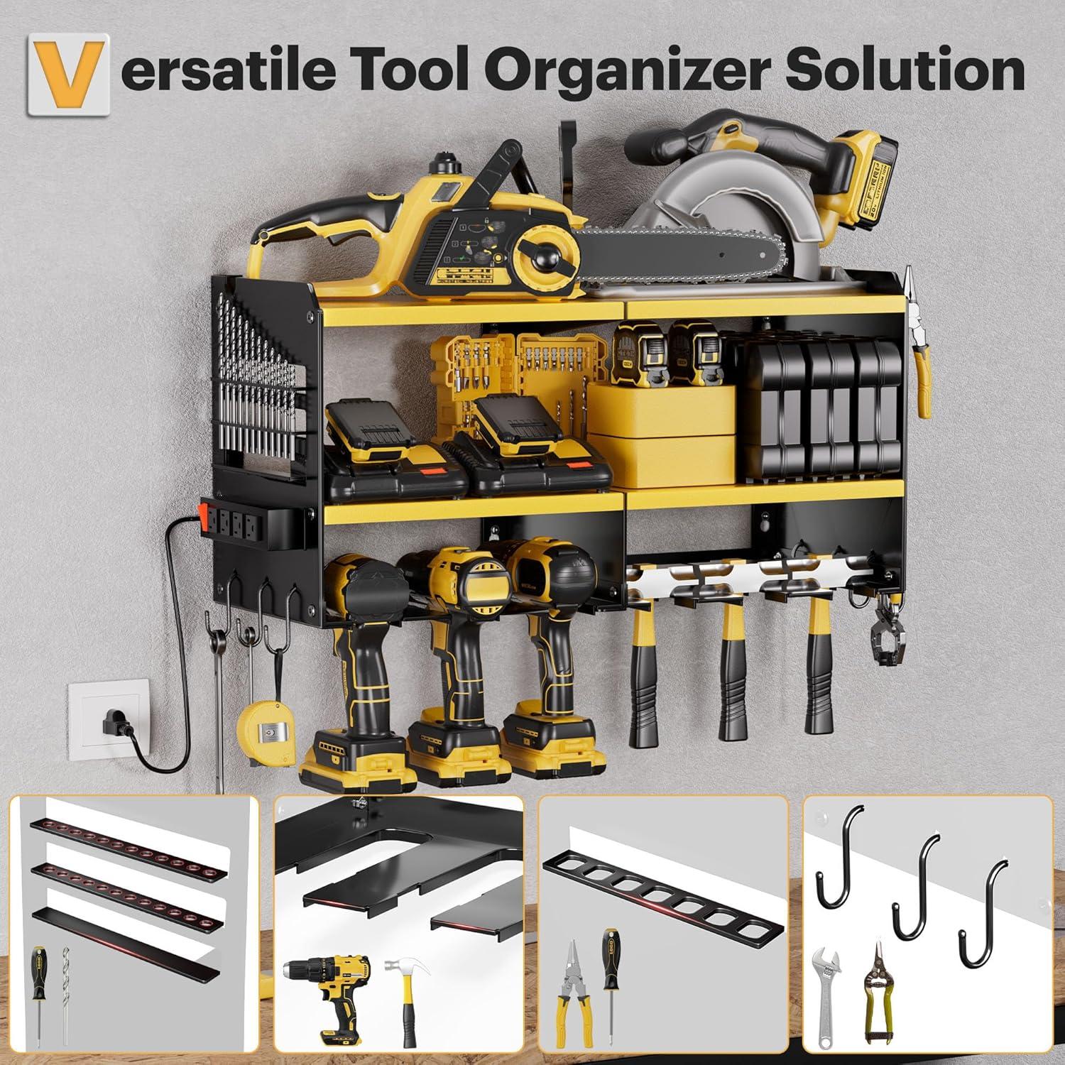 Spampur Power Tool Organizer Wall Mount with Charging Station, Garage Tool Shelf 6 Drill Holders, Tool Battery Holder with Plier holder Heavy Duty Rack, Tool Storage Rack with 4 Outlet Power Strip