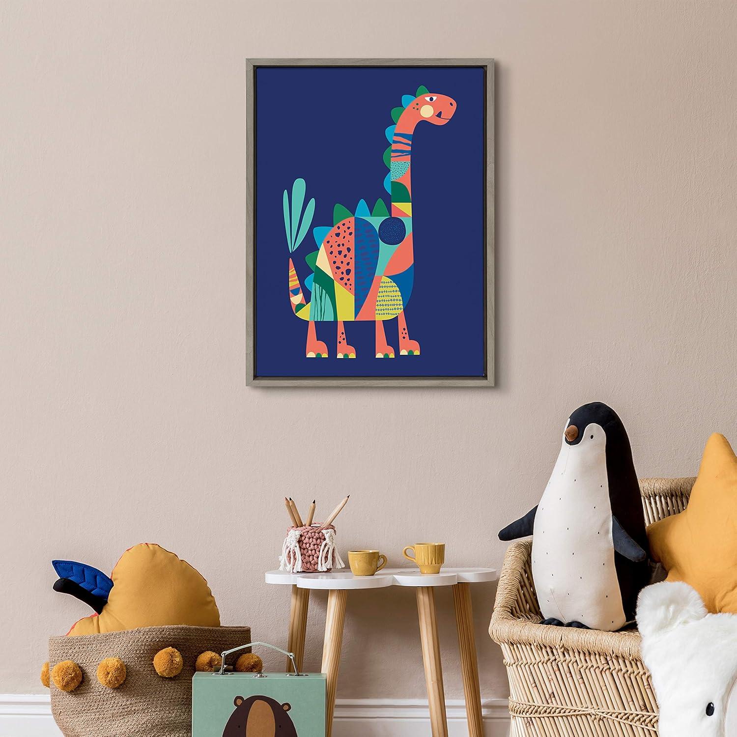 Kate and Laurel Sylvie Mid Century Modern Dino Blue Framed Canvas by Rachel Lee of My Dream Wall, 18x24, Gray