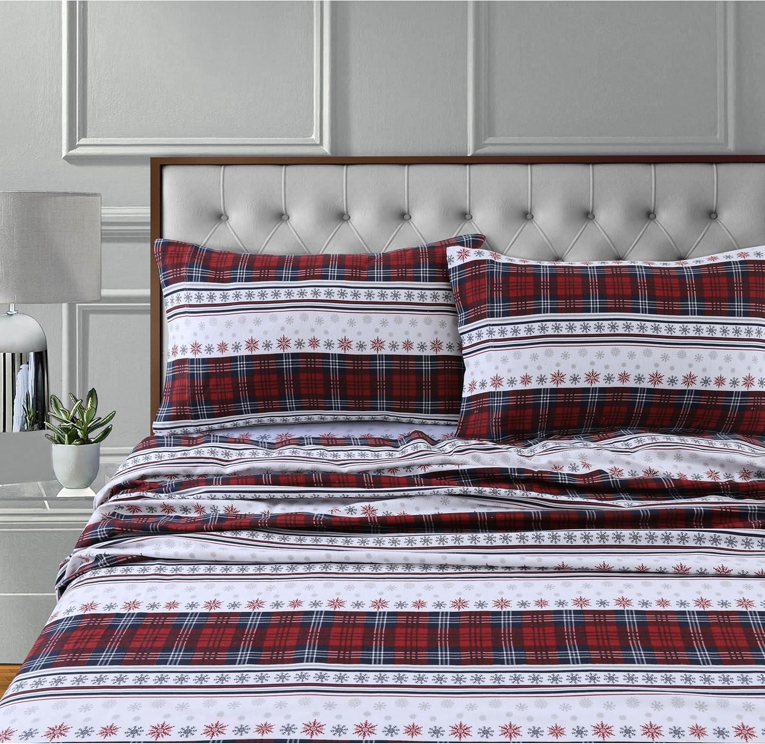 Tribeca Living 170-GSM Soft Flannel Extra Deep Pocket Bed Sheet Set with Oversized Flat winter outing grey Queen Novelty Traditional