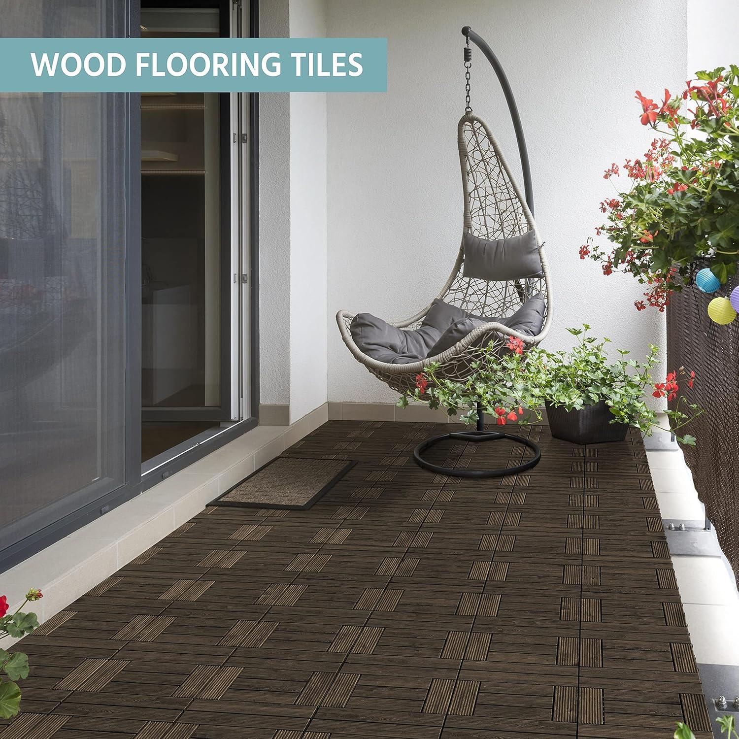 Topeakmart 27PCS Patio Deck Tiles Interlocking Wood Decking Floor Tiles 12 x 12in Black for Outdoor & Indoor Patio Garden Deck Poolside