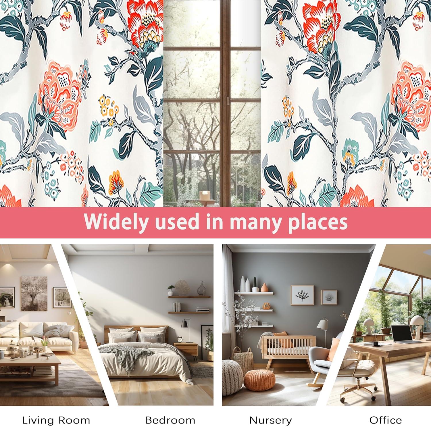 DriftAway Ada Floral Lined Thermal Insulated Room Darkening Blackout Grommet Window Curtains, 2 Panels, 52" x 36", Ivory Orange Teal