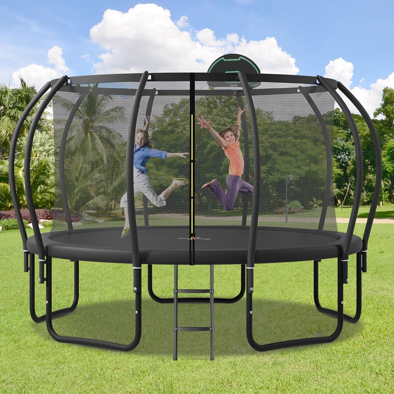 Trampoline Outdoor, 15 FT Trampoline with Enclosure Net and Ladder, Built-in 5 W-Shaped Legs and Basketball Board, Recreational Trampolines Family Jumping Workout, Outdoor Trampoline for Kids, Adults