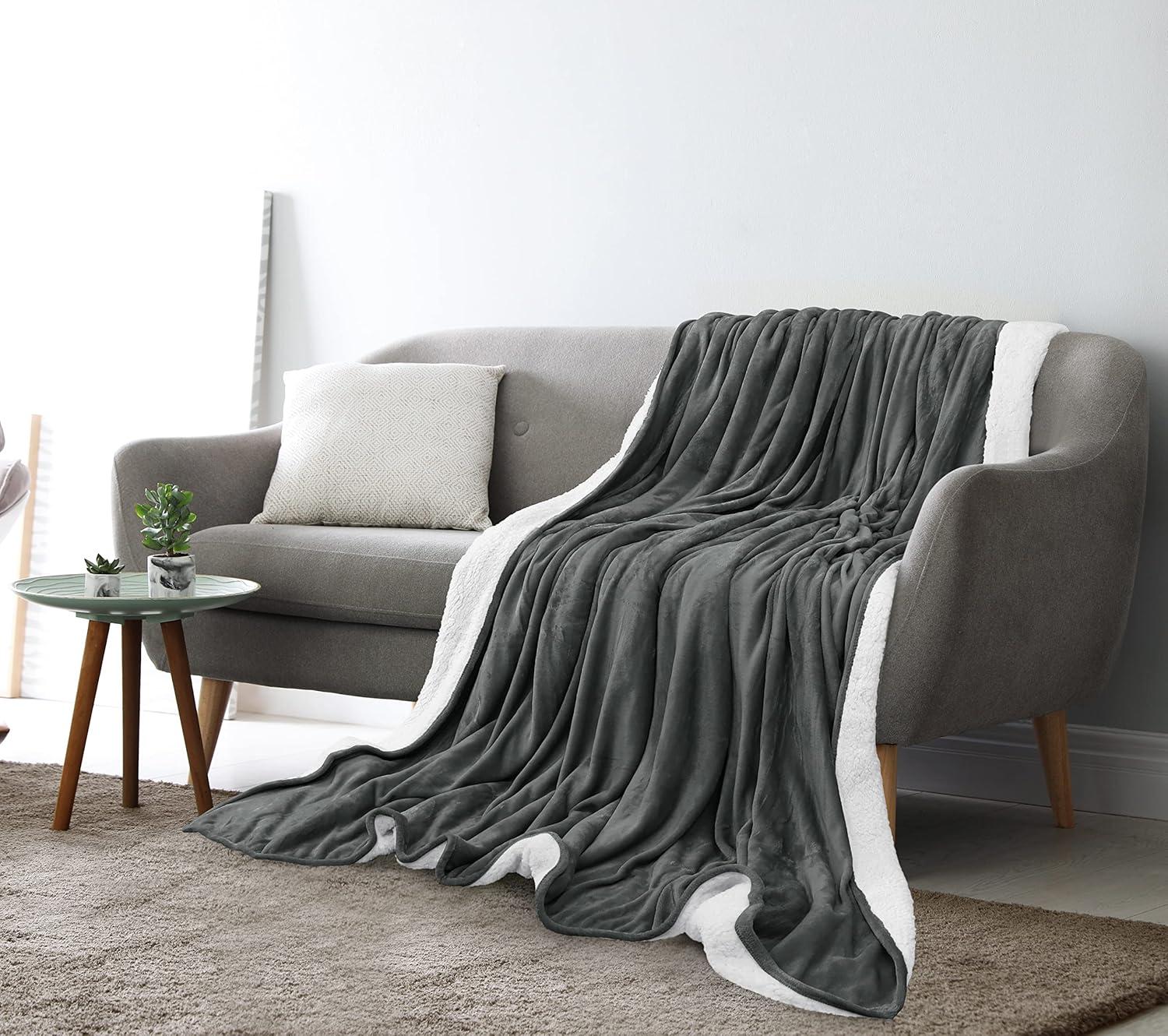 King Size Gray Reversible Sherpa Fleece Blanket