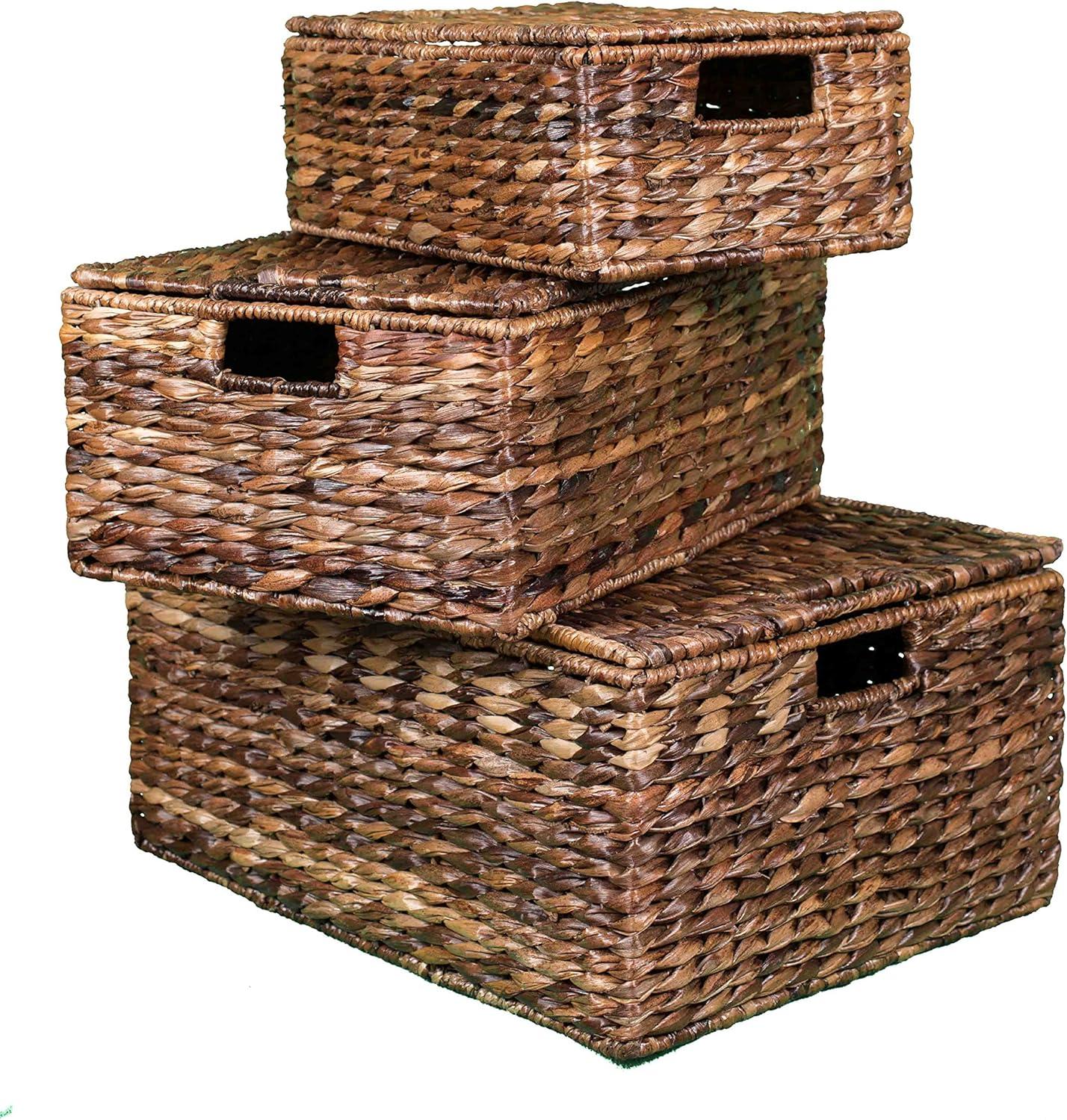 Storage Shelf Organizer Baskets with Handles - Set of 3 - Seagrass Wicker Basket - Pantry Living Room Office-Bathroom Shelves Organization - Under Shelf Basket - Handwoven (Natural)