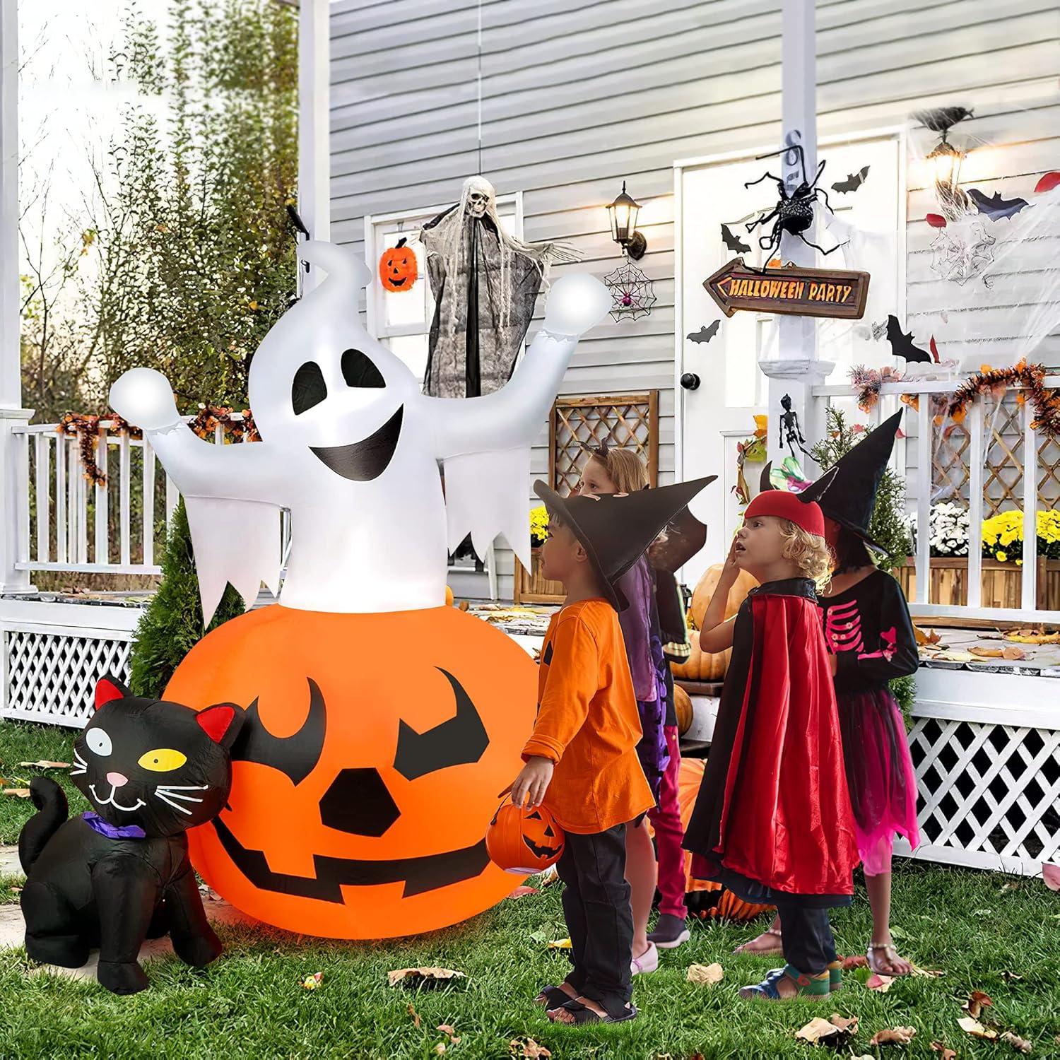 5 FT Halloween Inflatable Spooky Pumpkin with Ghost and Black Cat