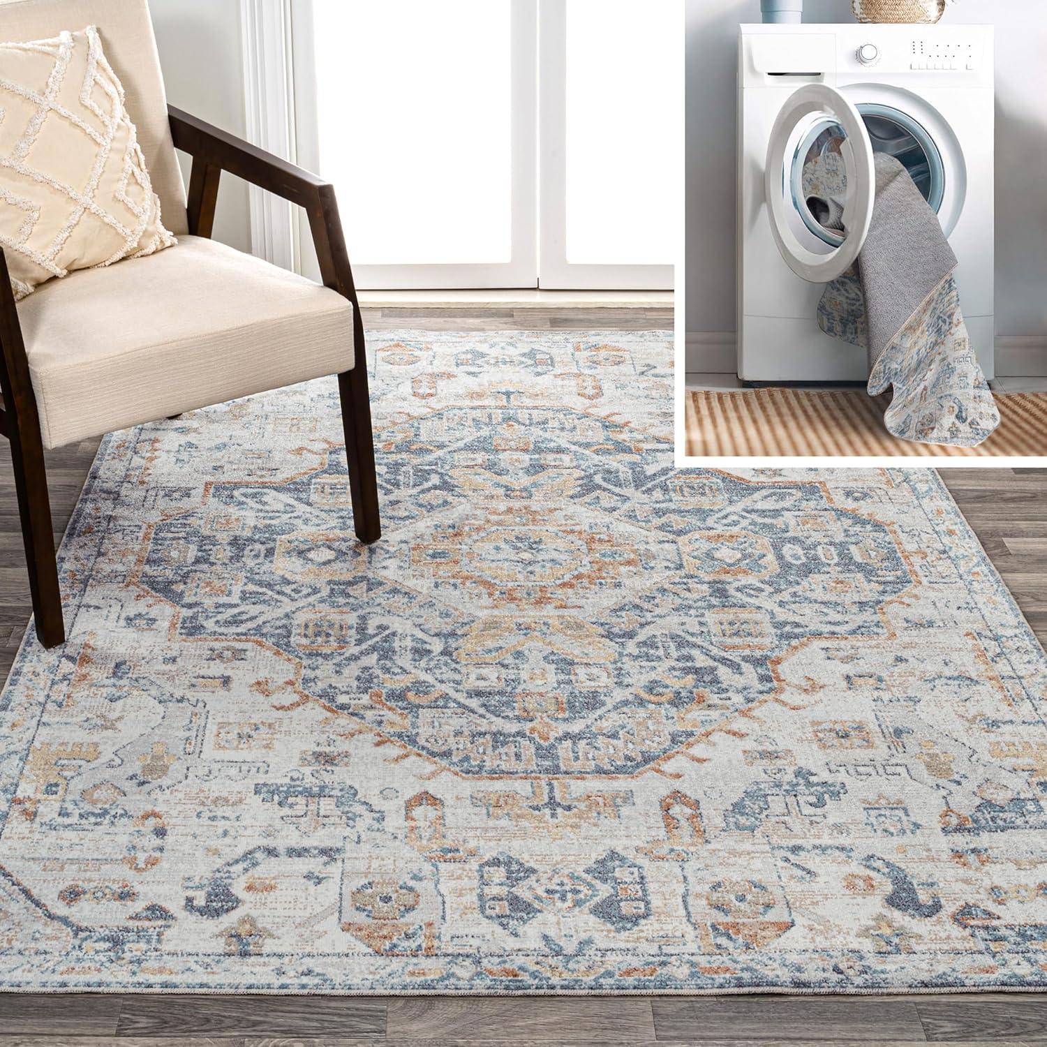 Cream and Blue Medallion Washable Synthetic Area Rug 3' x 5'