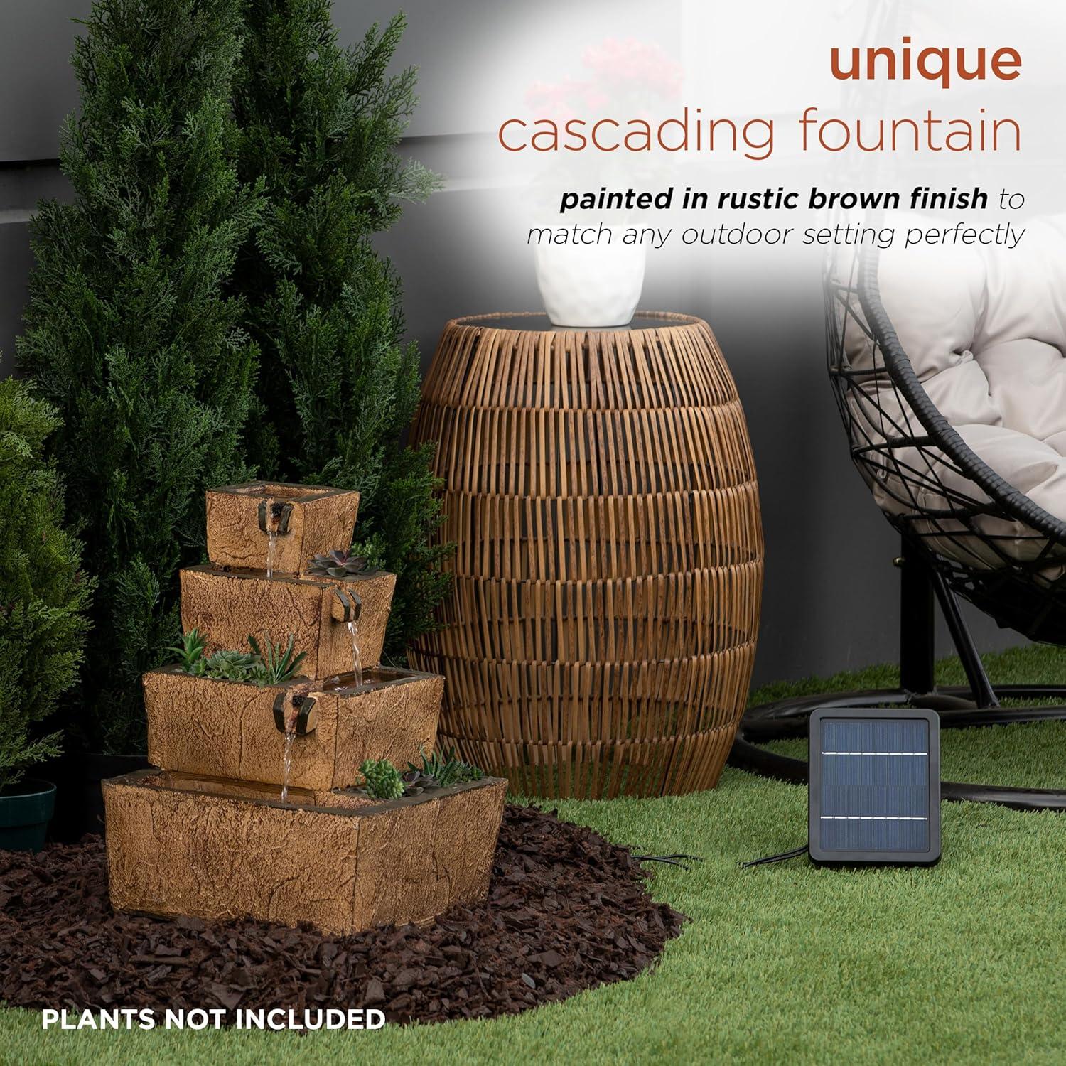 Rustic Brown Solar-Powered Tiered Fountain with LED Lights