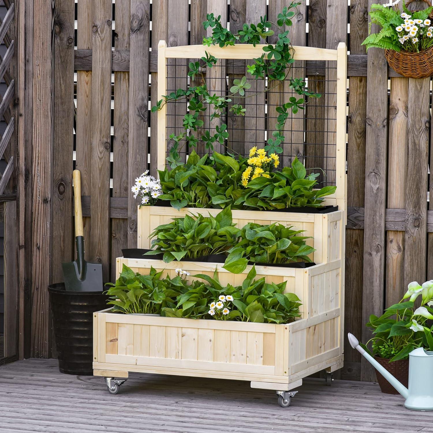 Natural Wood 3-Tier Raised Garden Bed with Trellis and Wheels