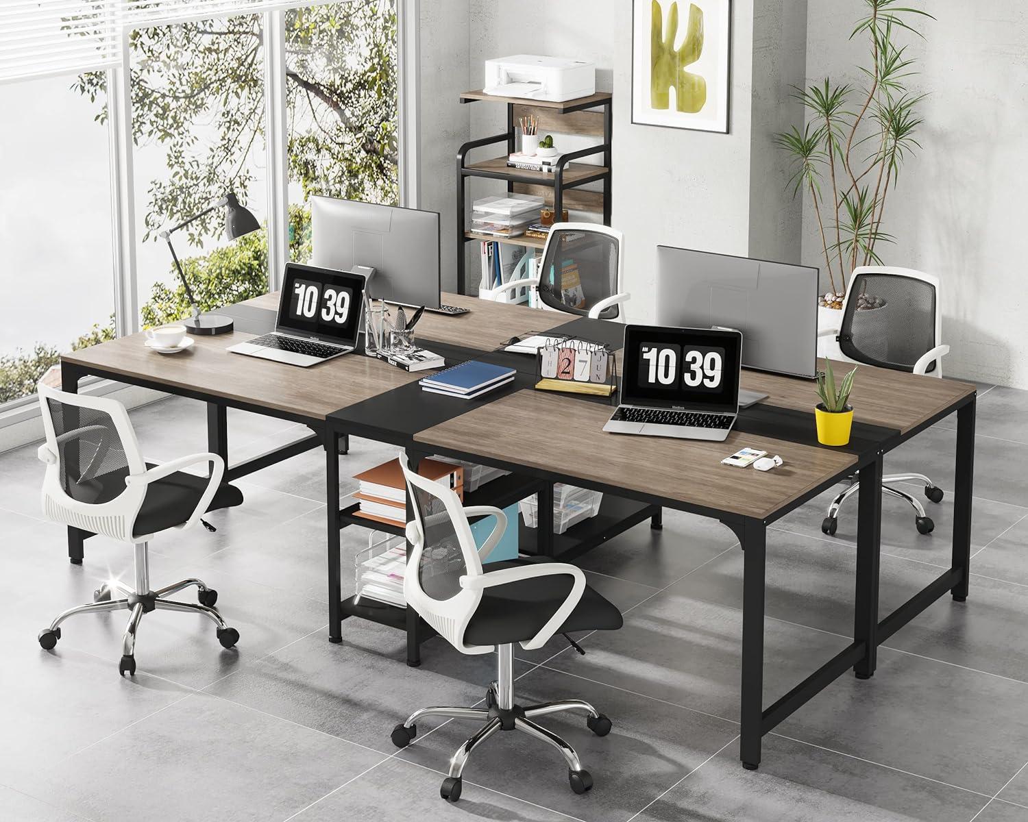 LITTLE TREE 90.55" Double Desk with Storage Shelf Gray/Black