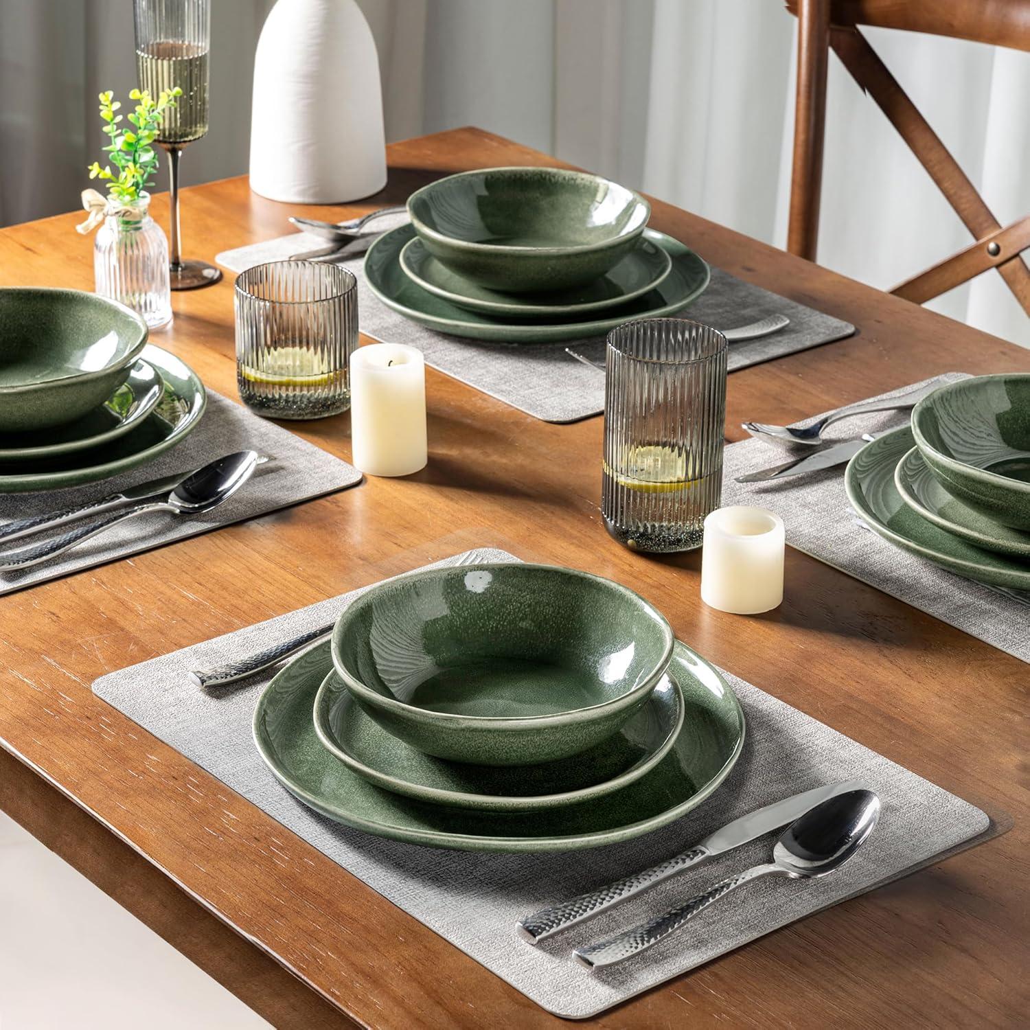 Olive Green and White Ceramic Dinnerware Set for 4