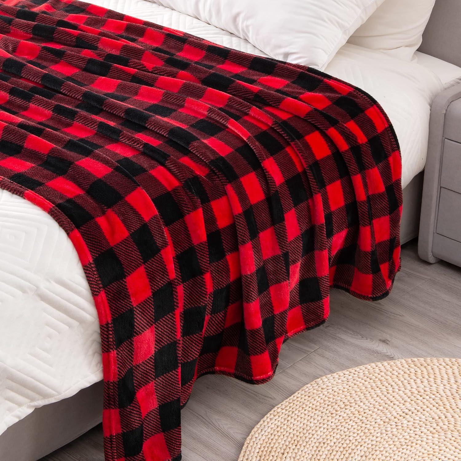 Fleece Throw Blanket for Couch Sofa Bed, Buffalo Plaid Decor Red and Black Checkered Blanket, Cozy Fuzzy Soft Lightweight Warm Blankets for Winter and Spring