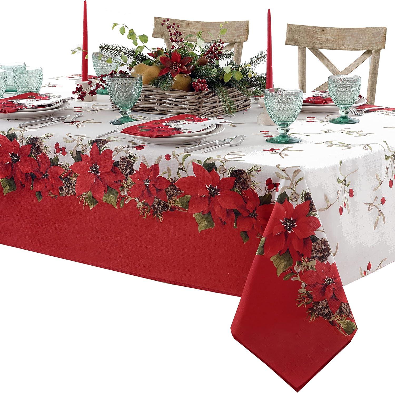 Newbridge Christmas Blooming Poinsettia’s Double Bordered 52 x 52 inch Square Fabric Tablecloth, Holiday Red and White Poinsettia Dining Table Cover