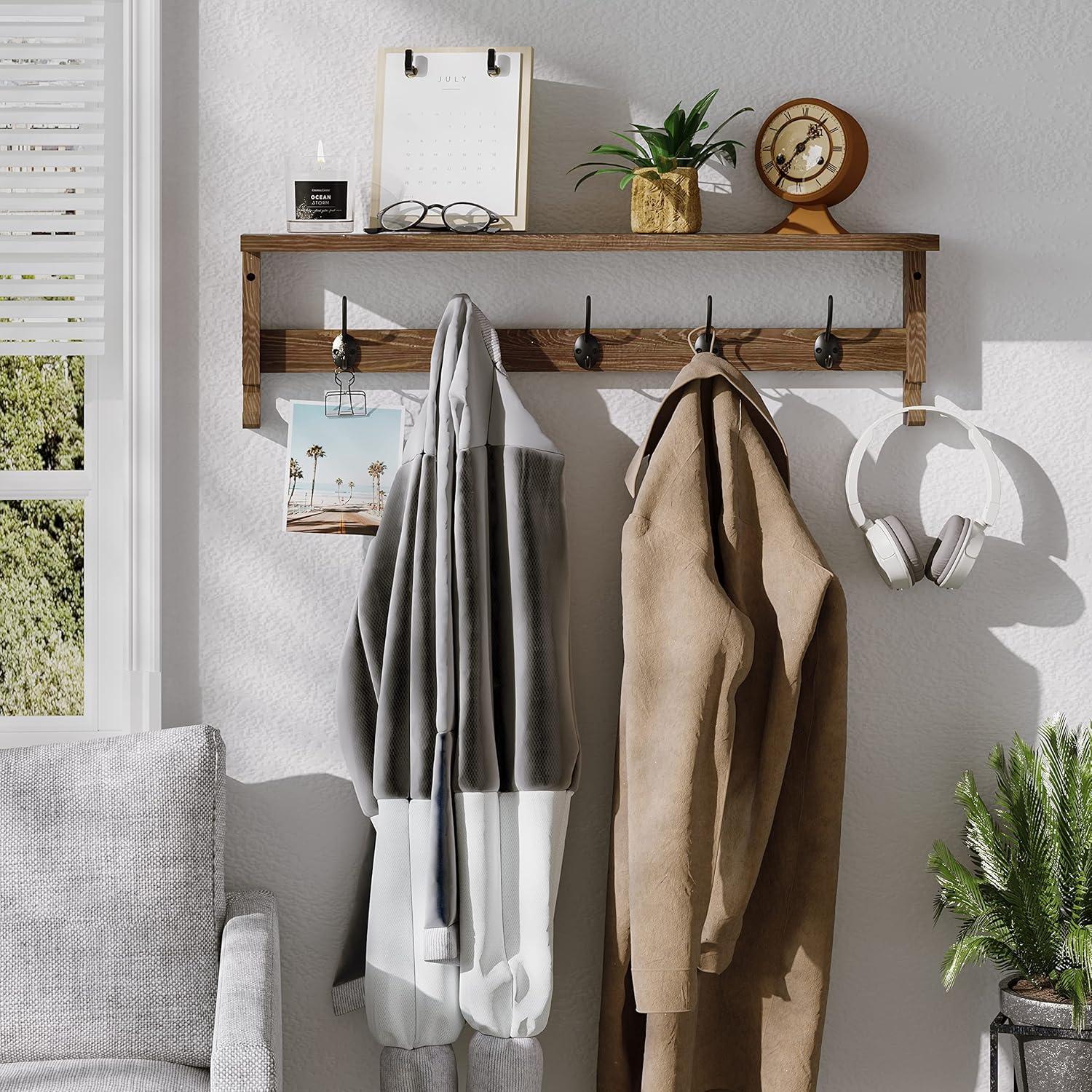 AMBIRD 28.9 Inch Length Shelf with Hooks Entryway Coat Rack Wall Mount Wood Coat Hooks with Shelf Wall-Mounted Coat Hook Rack with 5 Dual Hooks for Bathroom, Living Room, Bedroom (Brown)