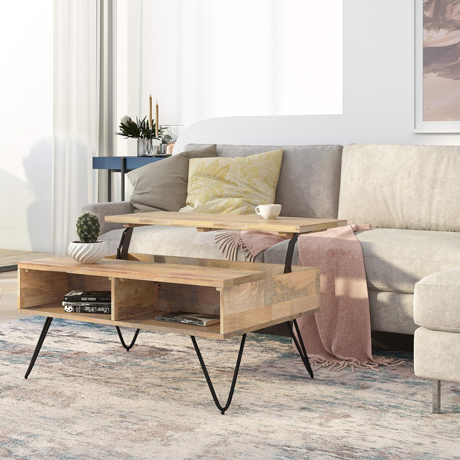 Hunter Solid Wood Industrial Small Lift Top Coffee Table with Hidden Storage and Metal Hairpin Legs.