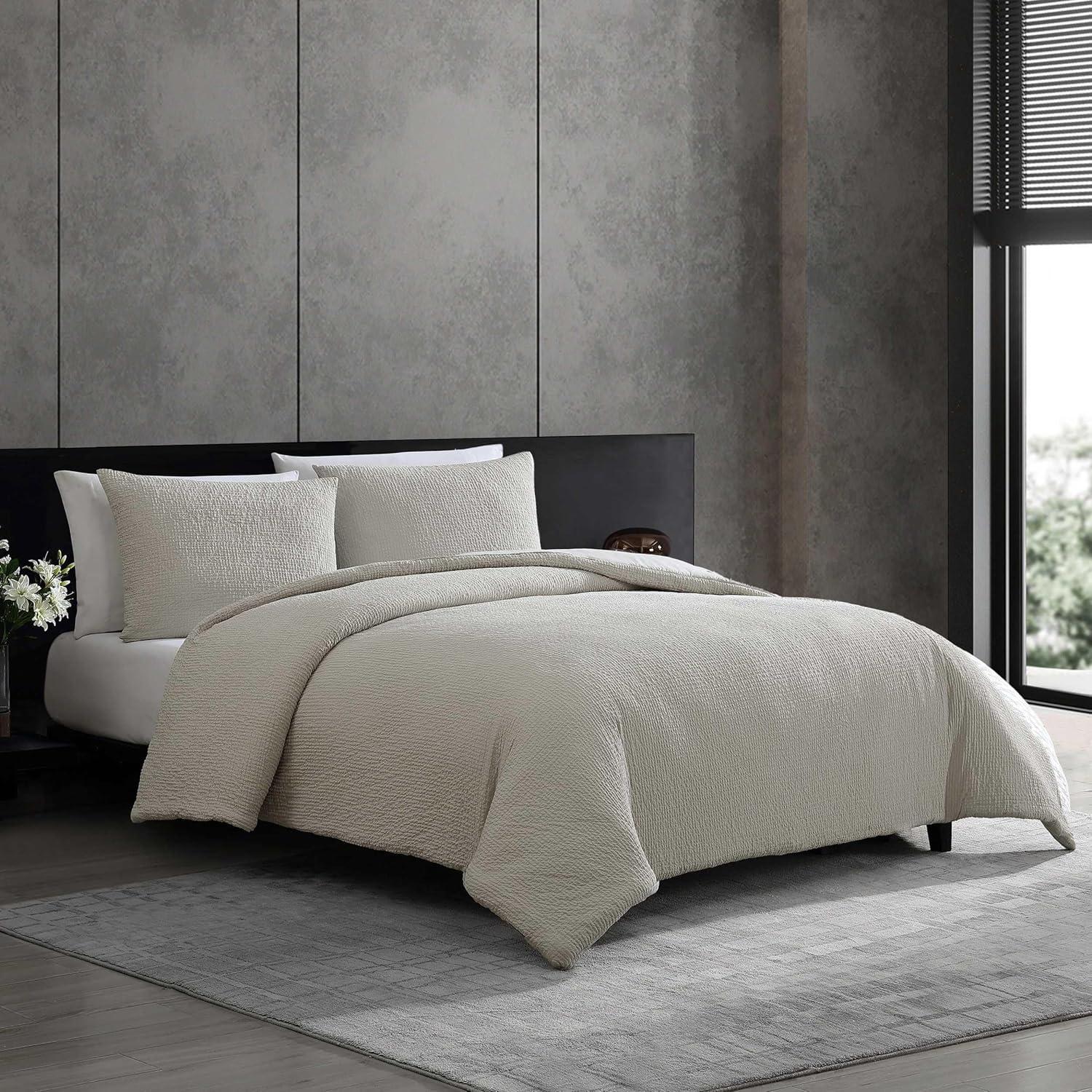 Queen Grey Cotton Puckered Texture Duvet Cover Set