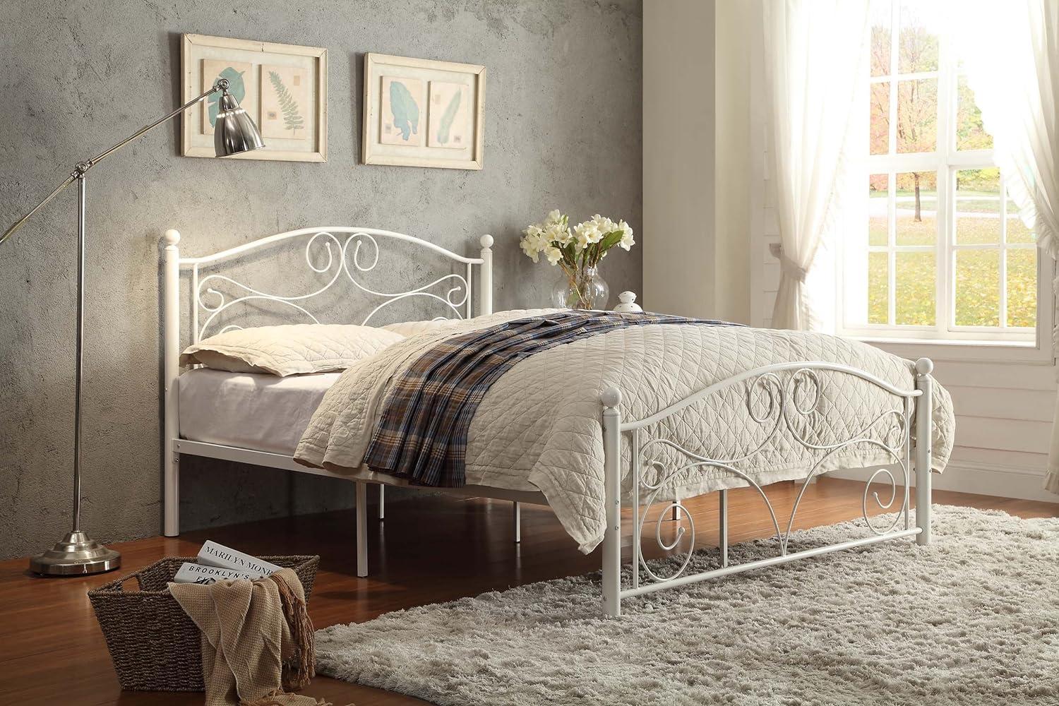 Elegant Transitional Full Poster Bed with Metal Frame in White