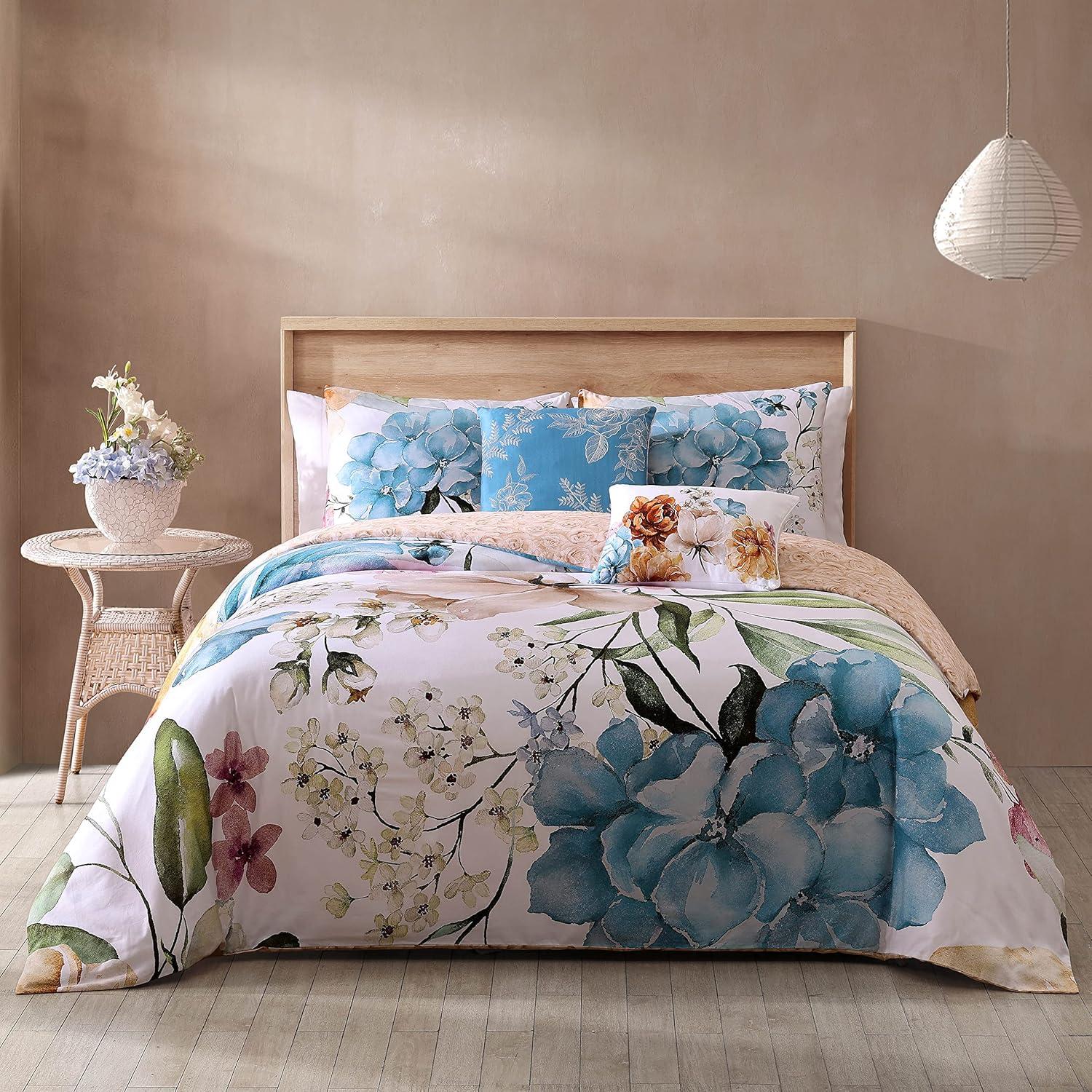 Maia King Blue Cotton Floral Reversible Comforter Set