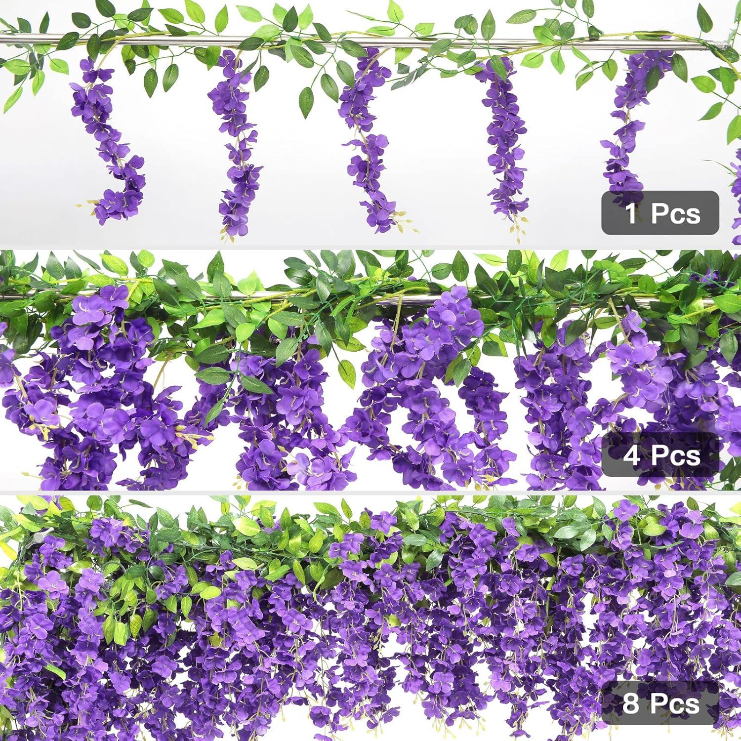 Sinhoon Wisteria Artificial Flowers Garland, 4 Pcs Total 28.8ft Artificial Wisteria Vine Silk Hanging Flower for Home Garden Outdoor Ceremony Wedding Arch Floral Decor (Light Purple)