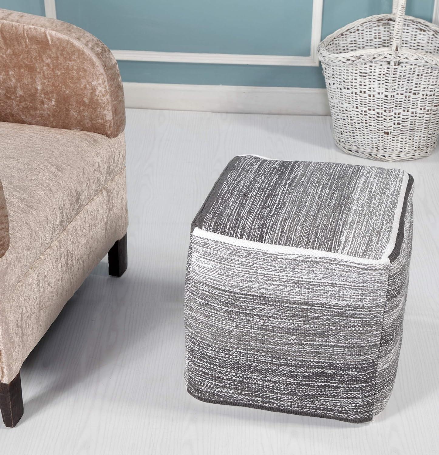 LR Home Medium Striped Indoor Square Pouf, Gray, 16" x 16" x 16"