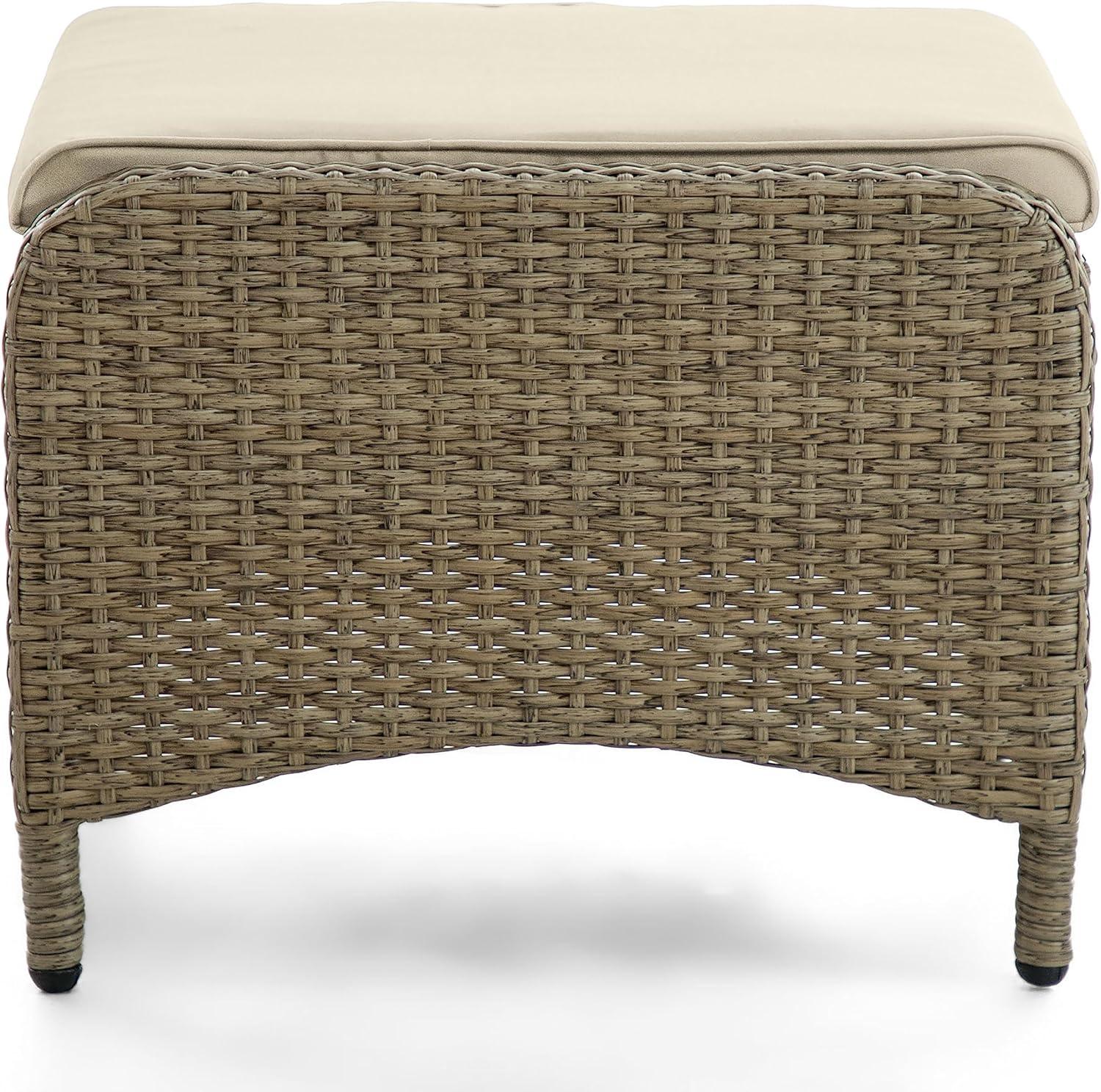 Beige and Natural Brown Wicker Outdoor Ottomans with Cushions, Set of 2