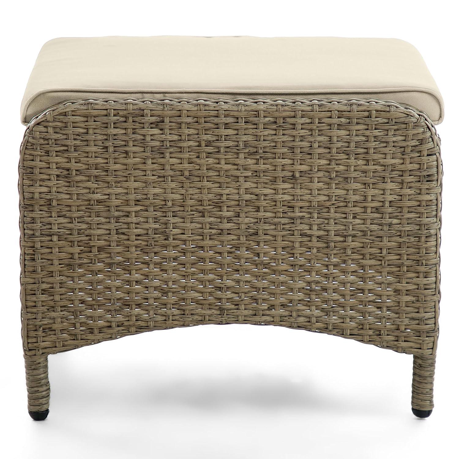 Beige and Natural Brown Wicker Outdoor Ottomans with Cushions, Set of 2