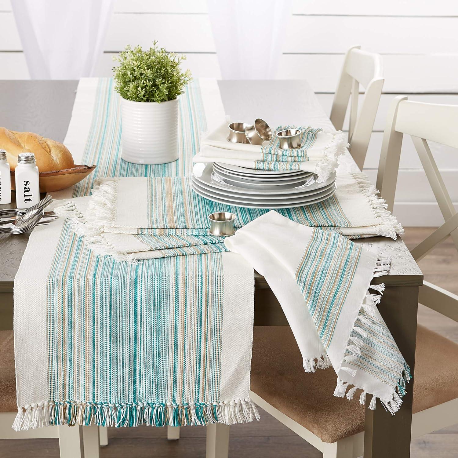 DII 14x72" Modern Cotton Striped Fringed Table Runner in Teal Blue