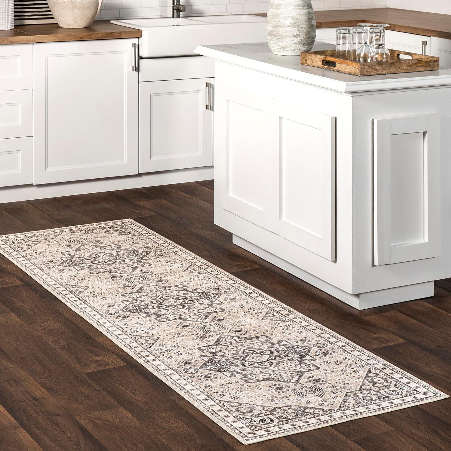 Eira Taupe Medallion Washable Synthetic Area Rug