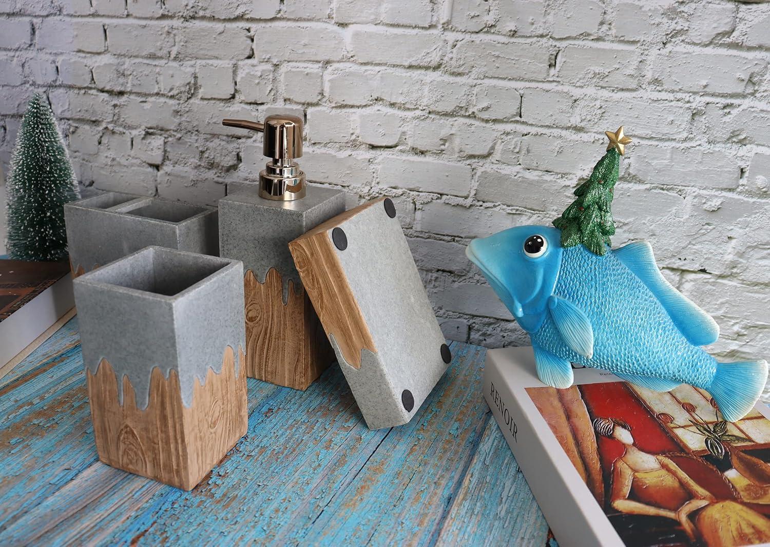 Hymmah Bathroom Accessories Set,Wooden Design Toothbrush Holder,Farmhouse Bathroom Decor,4 Pcs Resin Gift Set Apartment Necessities, Contain Toothbrush Cup,Soap Dispenser,Soap Dish,Tumbler