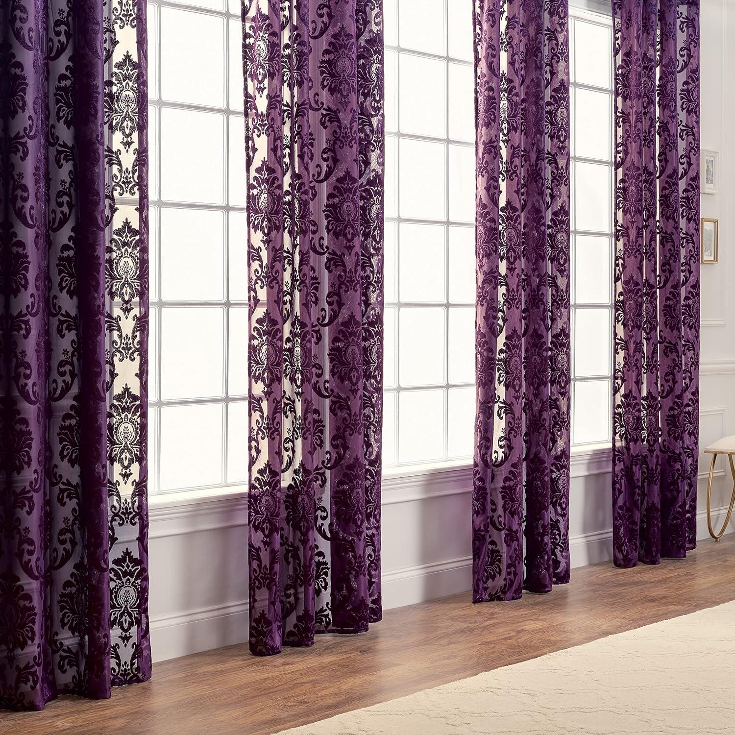 Aubergine Velvet Damask Light-Filtering Grommet Curtain Panels 52" x 108"