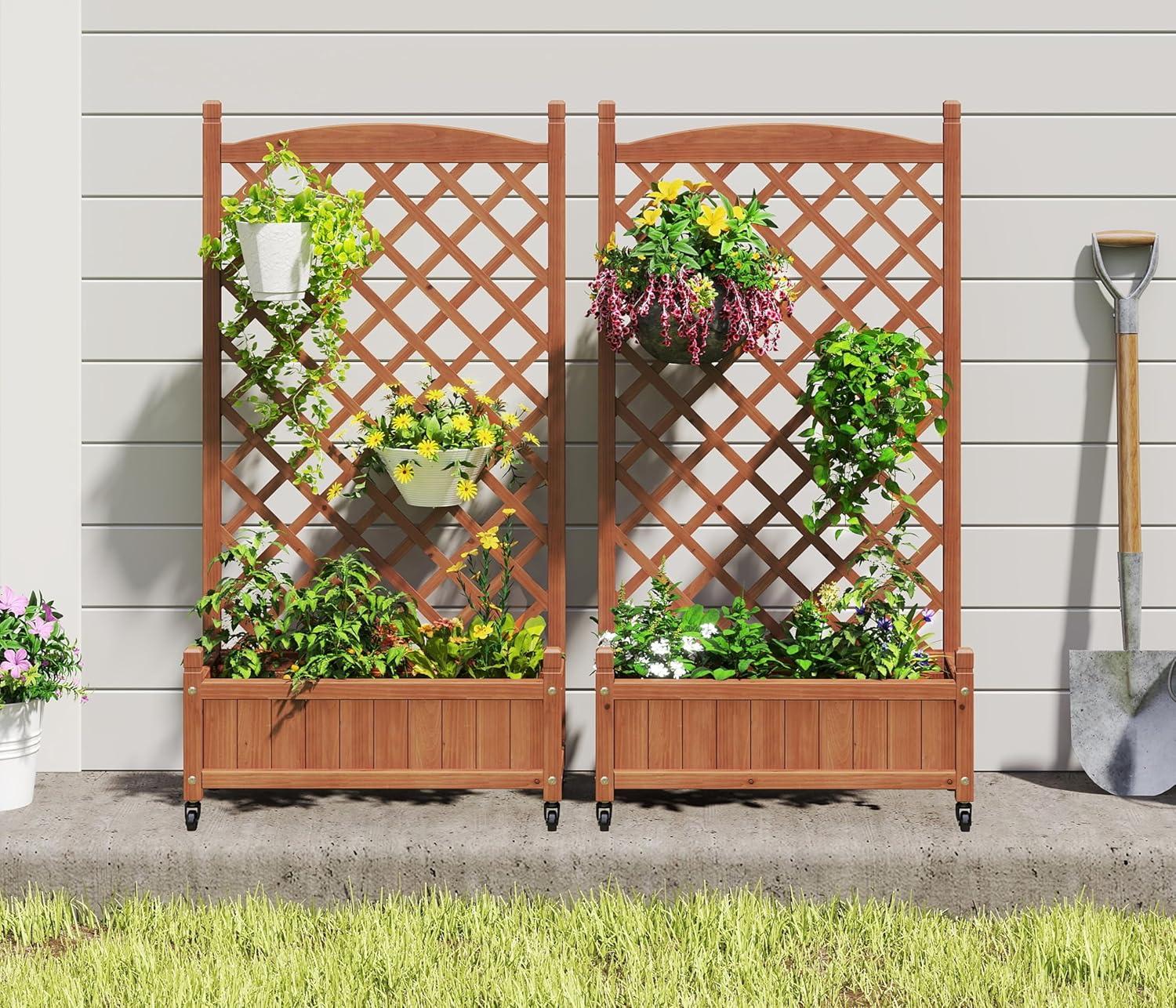 August Grove® Raised Garden Bed With Trellies 2 Pack, Outdoor Wooden Planter Box For Climbing Plants, Vegetables Herb Growing