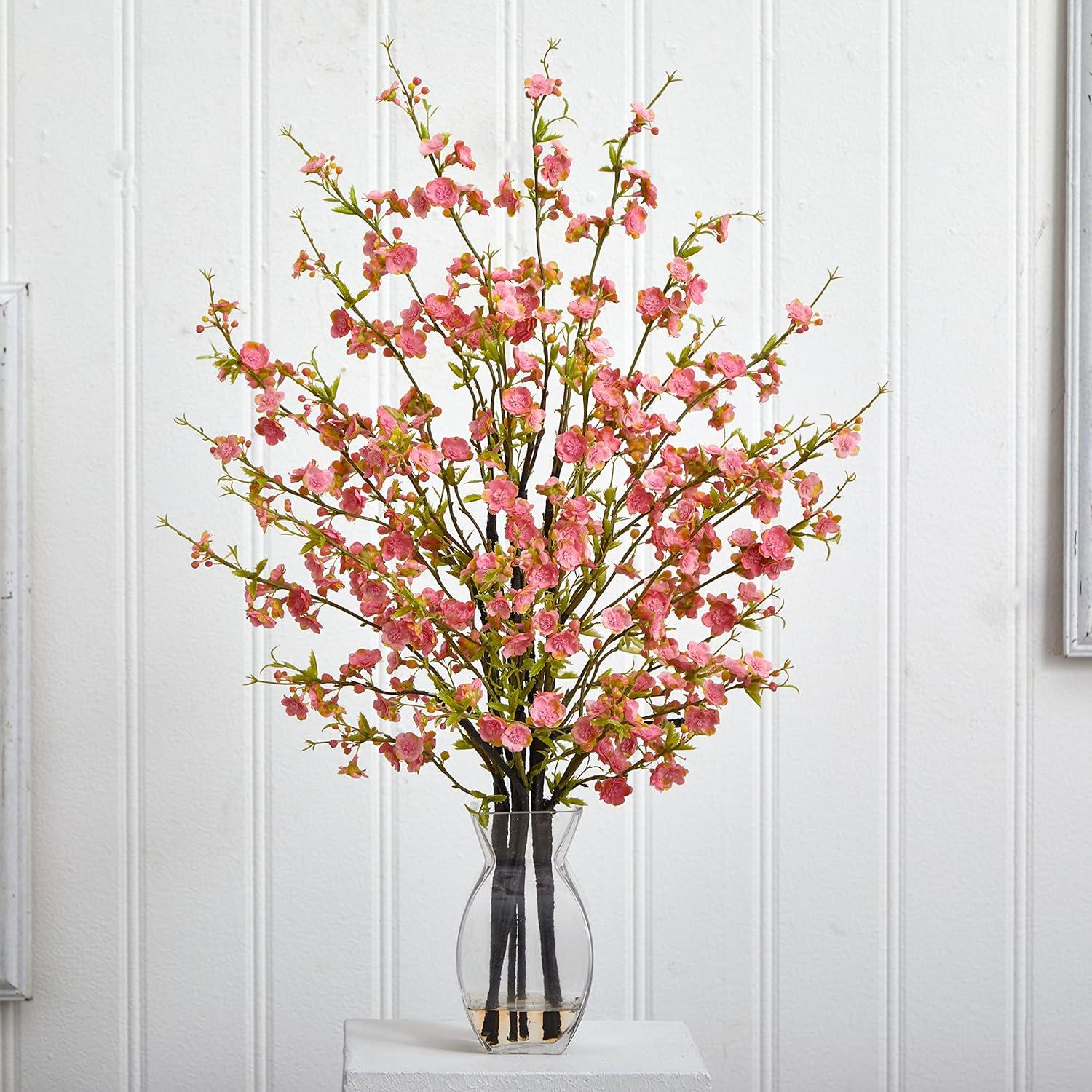 Nearly Natural Pink Cherry Blossom in Glass Vase Centerpiece