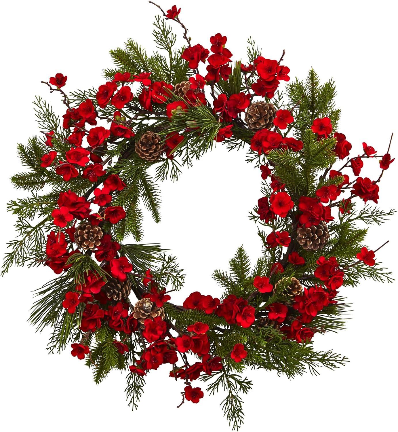 24'' Red Plum Blossom and Pine Faux Floral Wreath