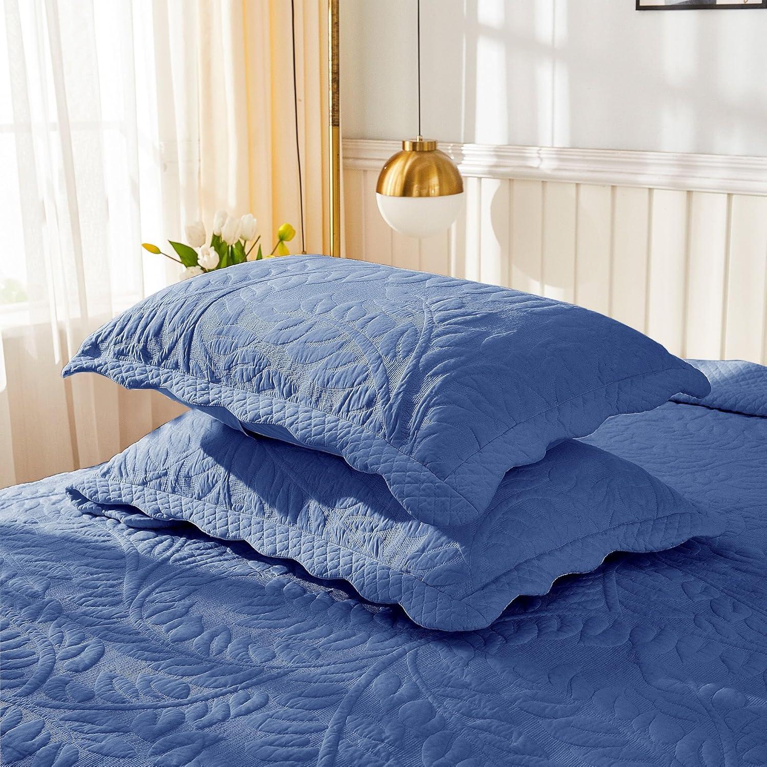 King Blue Cotton Embroidered Quilted Pillow Shams