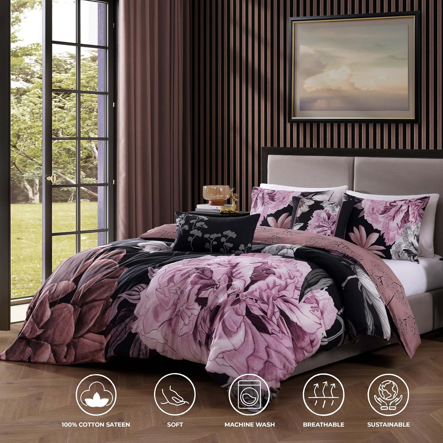 BeBeJan Bebejan Cool Pink Roses 200 Thread Count 100% Cotton Sateen 5-Piece Reversible Comforter Set