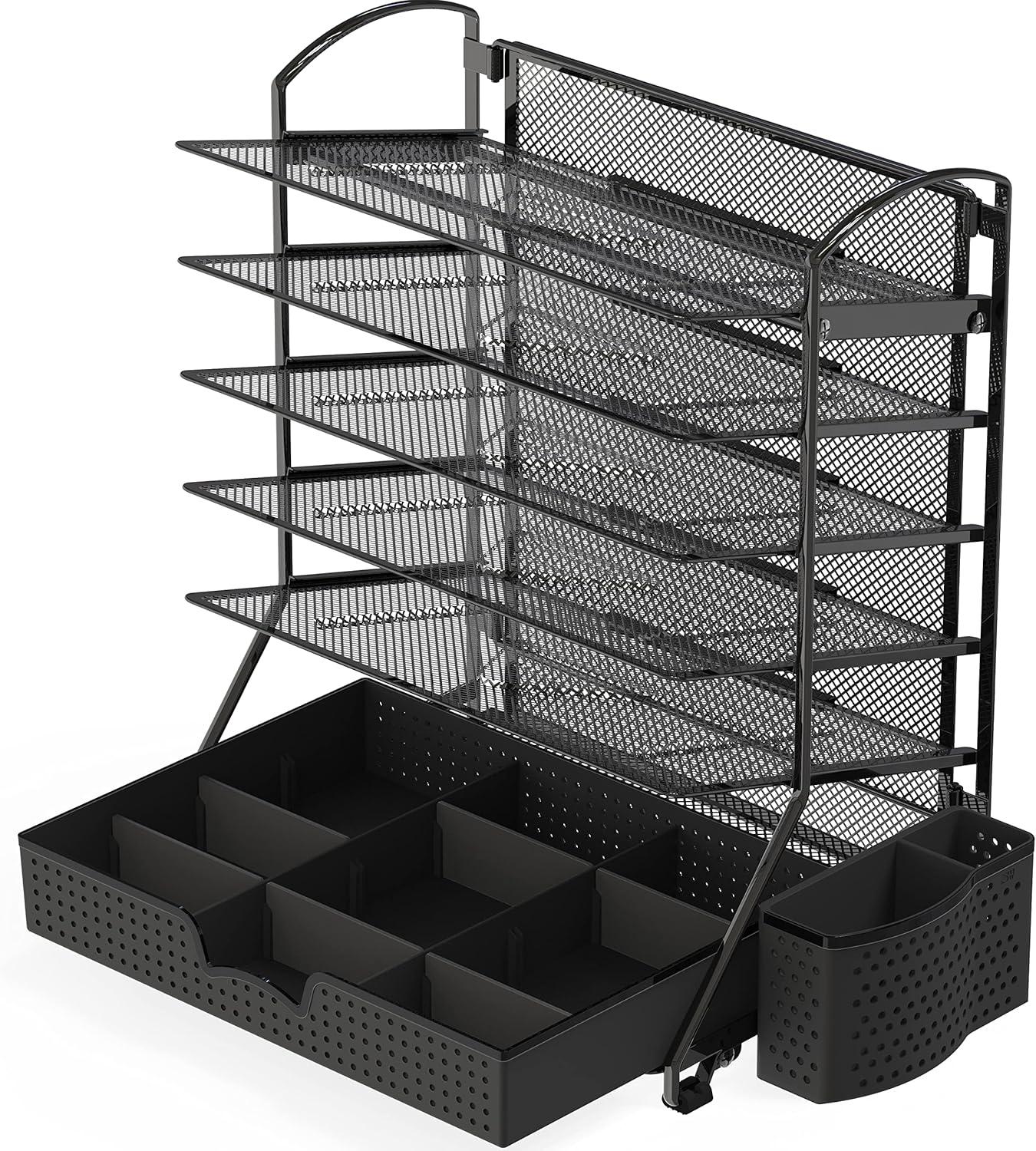 SimpleHouseware 6 Trays Desk Document File Tray Organizer with Supplies Sliding Drawer, Black