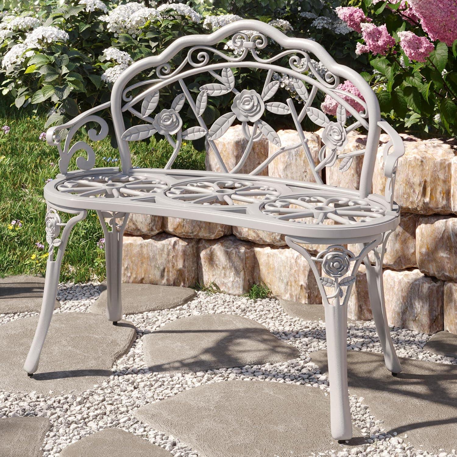 Antique Rose Cast Aluminum and Iron Outdoor Loveseat Bench - White