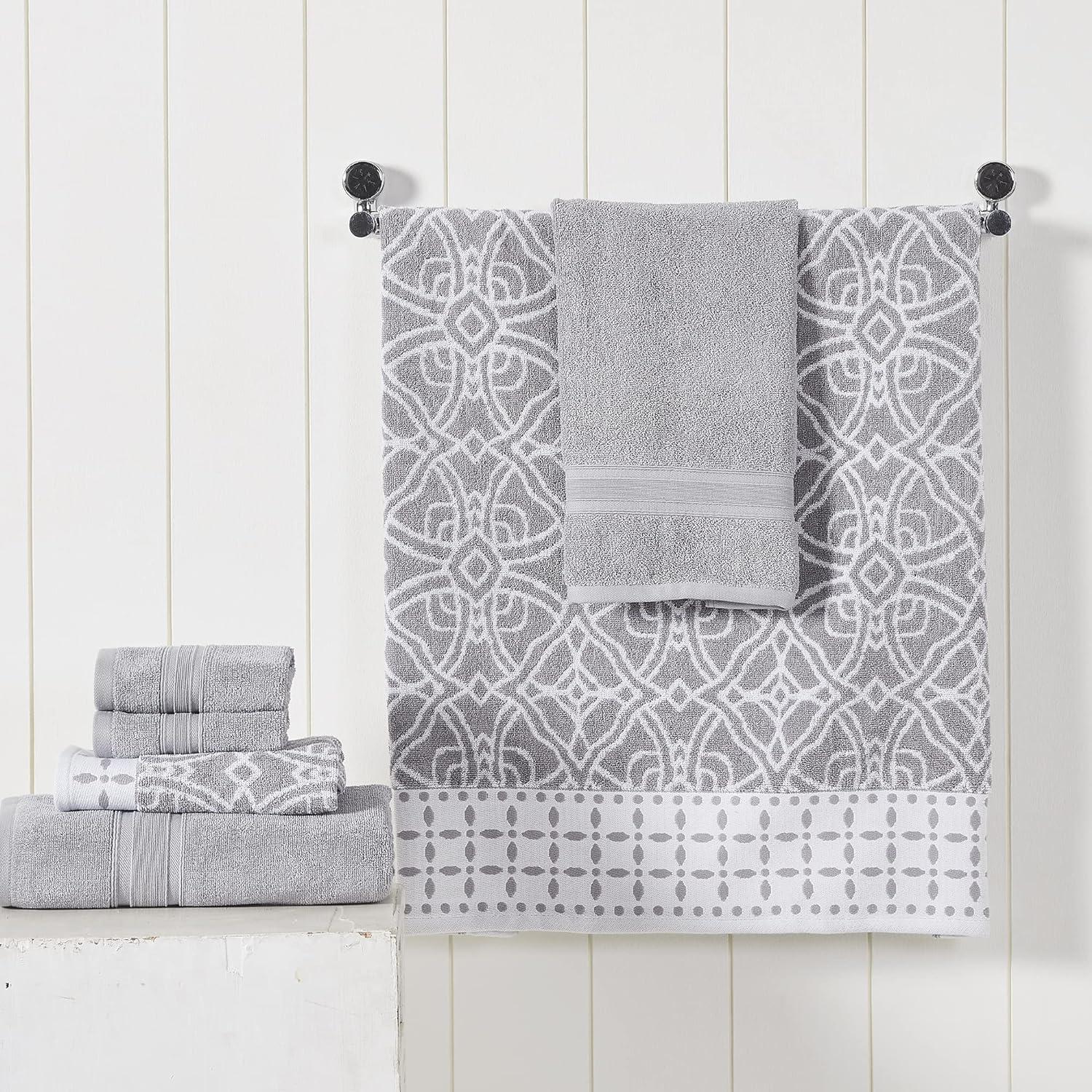 Stone Gray Cotton 6-Piece Towel Set with Medallion Design