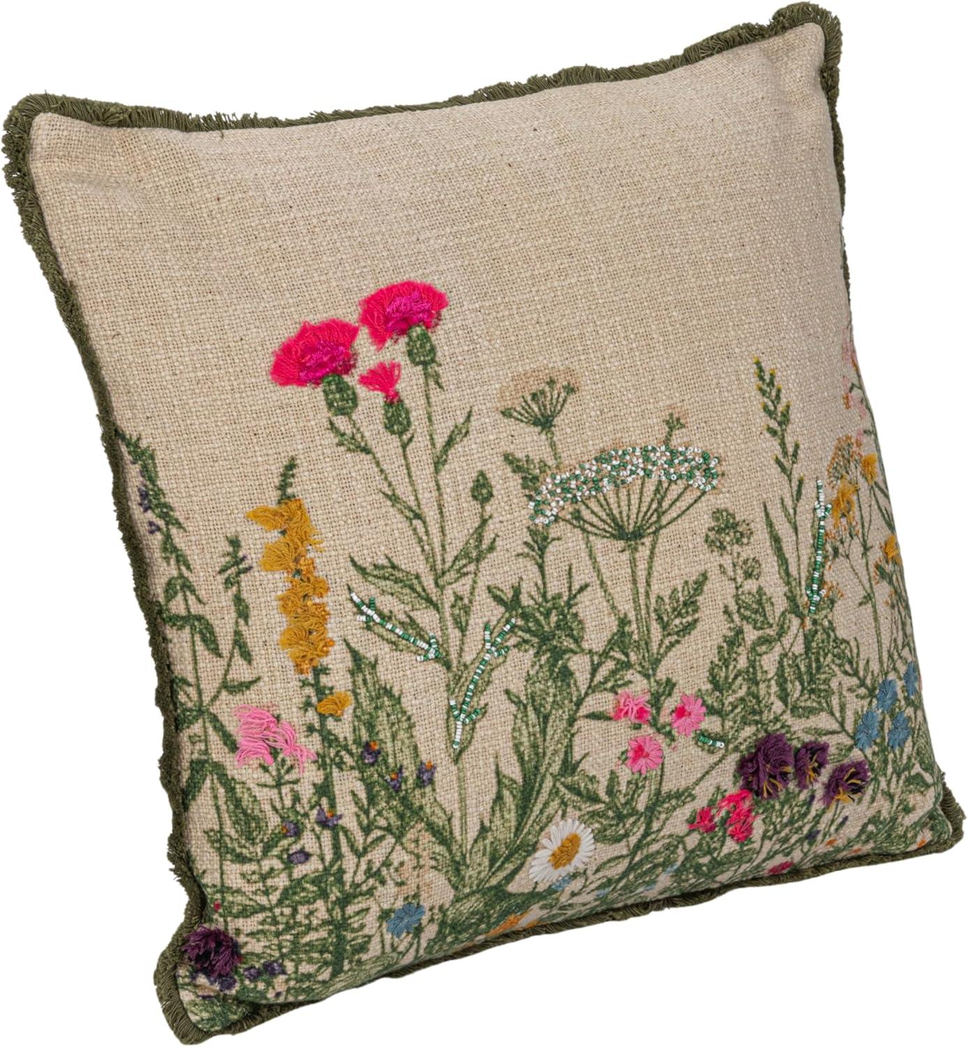 Multicolor Cotton Slub Embroidered Square Pillow