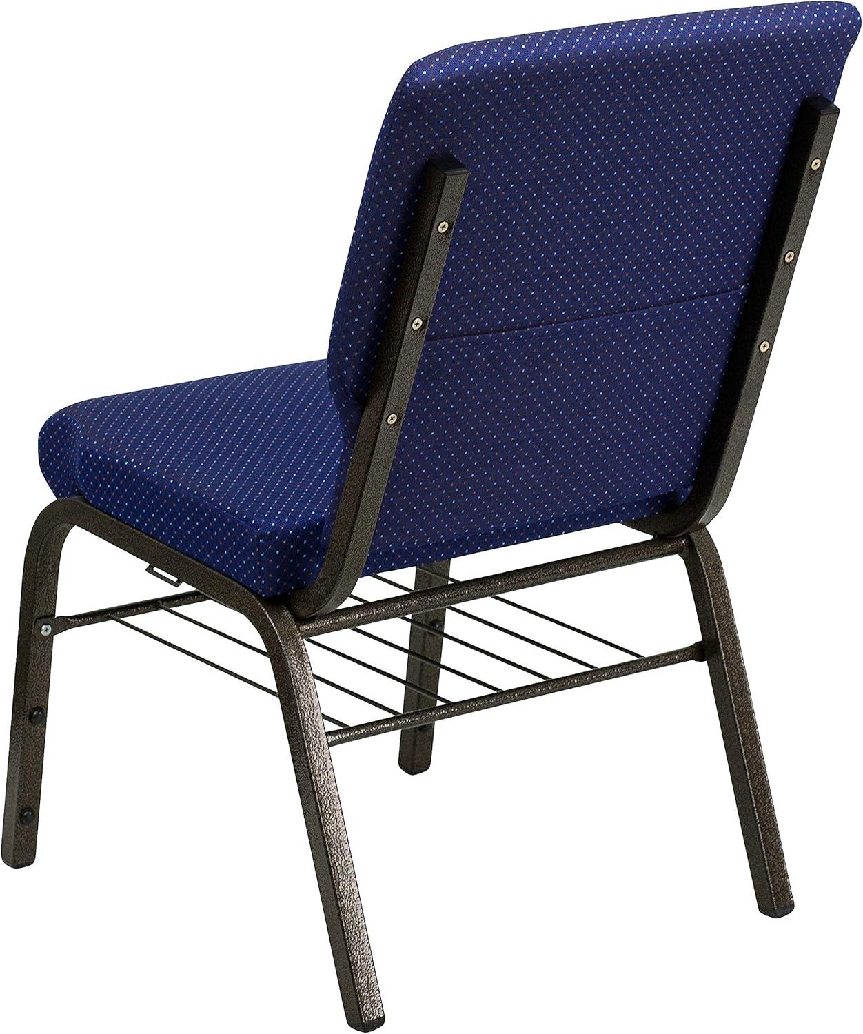 BizChair 18.5''W Church Chair in Navy Blue Patterned Fabric with Book Rack - Gold Vein Frame