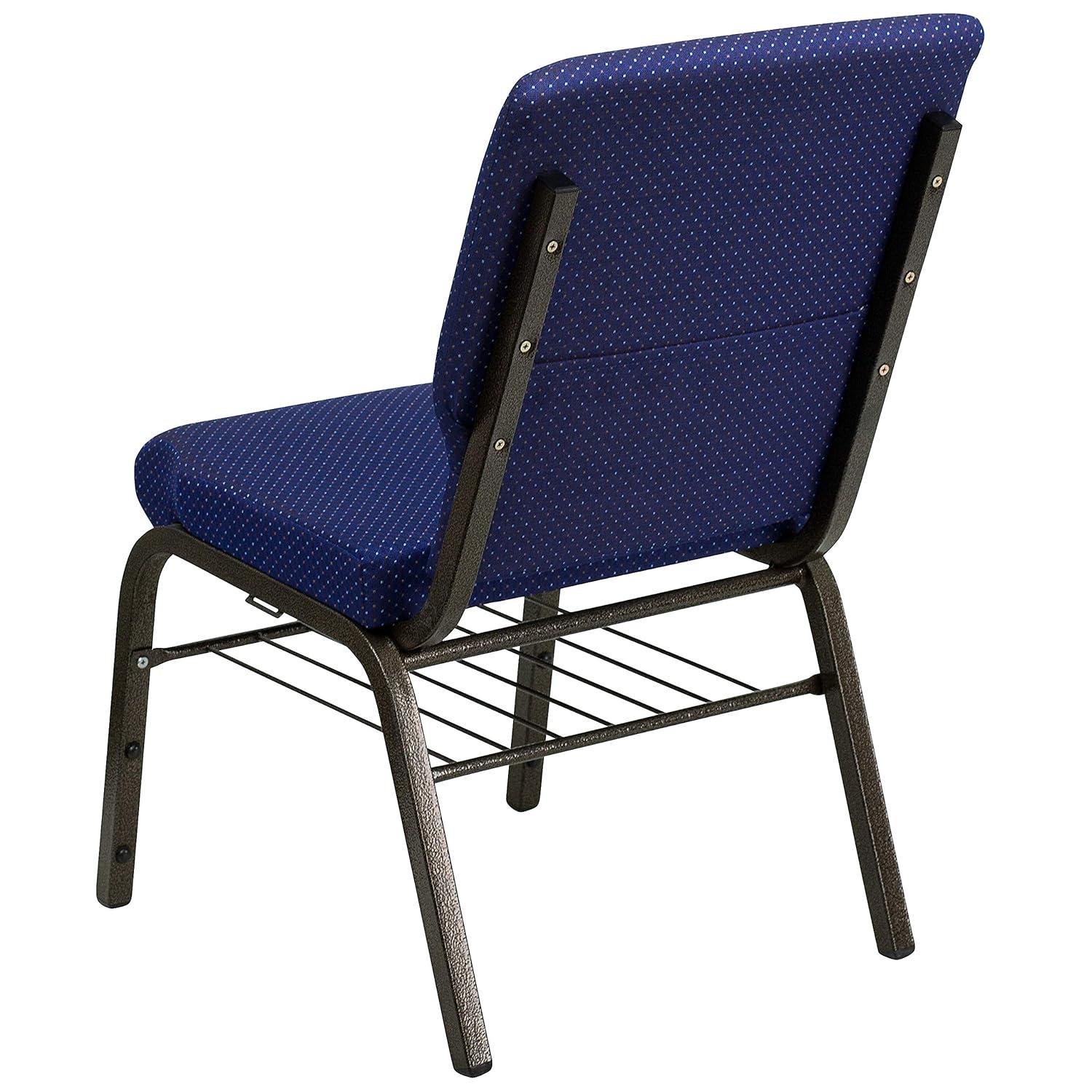 BizChair 18.5''W Church Chair in Navy Blue Patterned Fabric with Book Rack - Gold Vein Frame